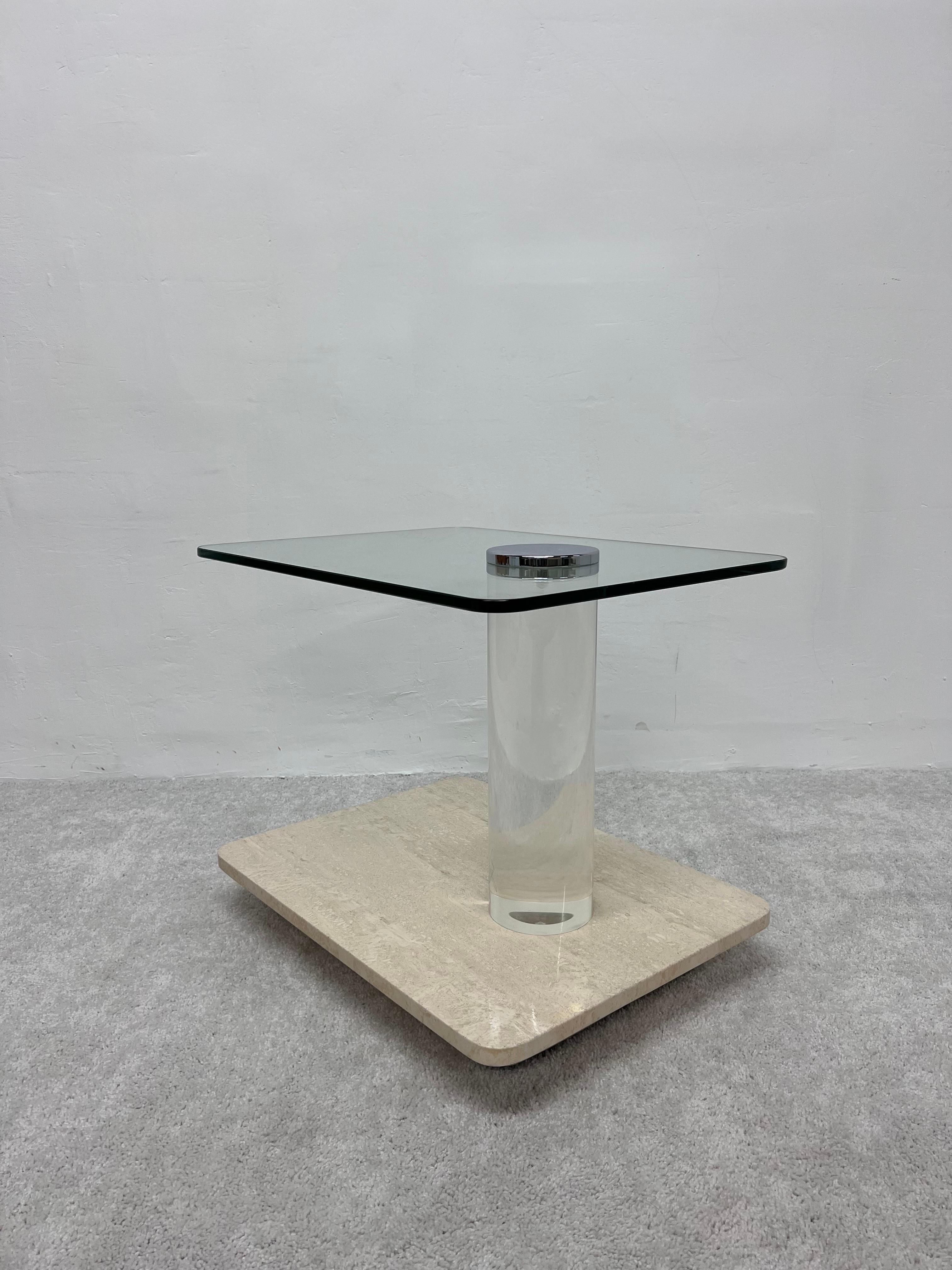American Lion in Frost Travertine and Glass Side Table with Lucite Column, 1970s For Sale