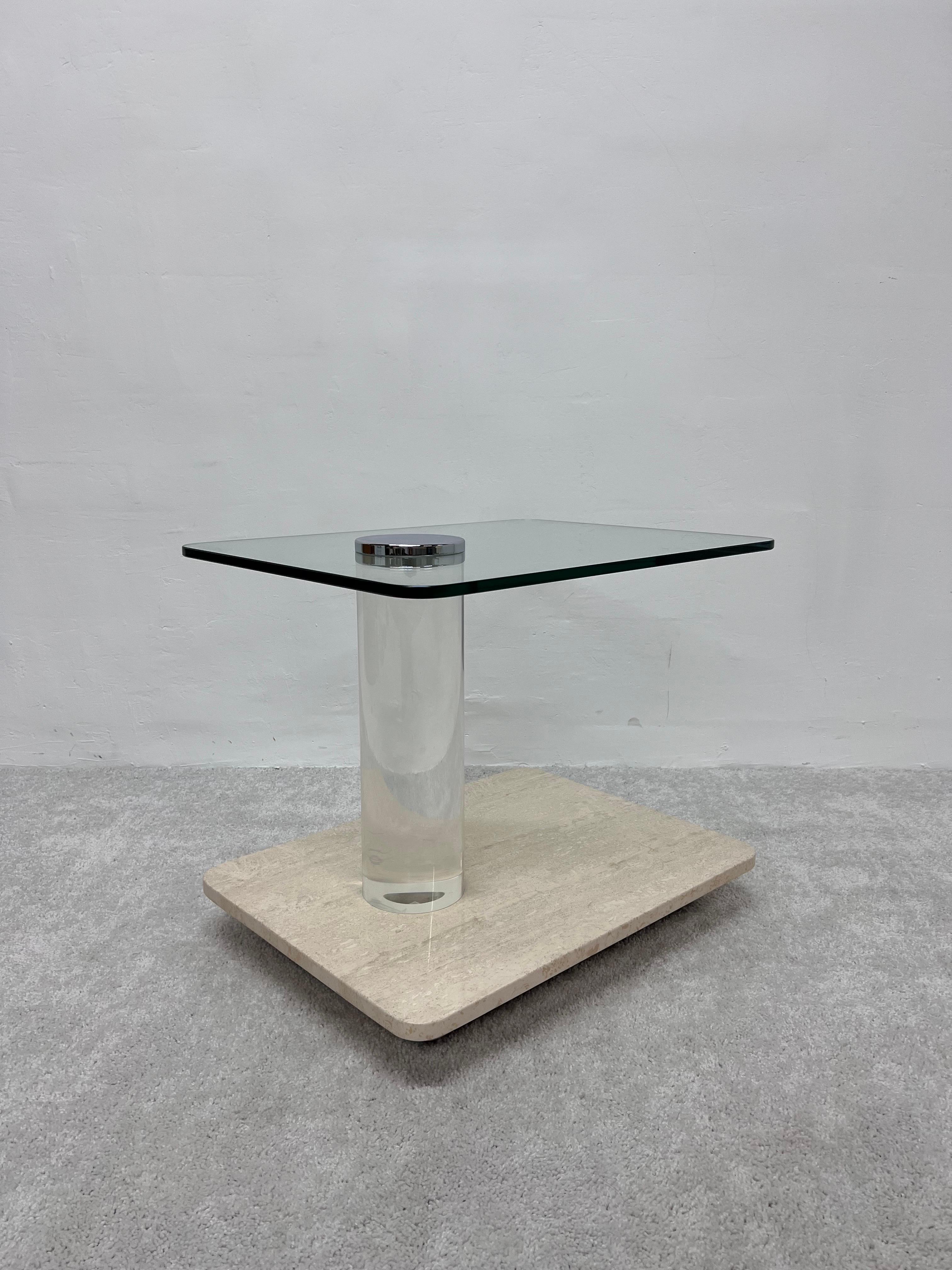Lion in Frost Travertine and Glass Side Table with Lucite Column, 1970s In Good Condition For Sale In Miami, FL