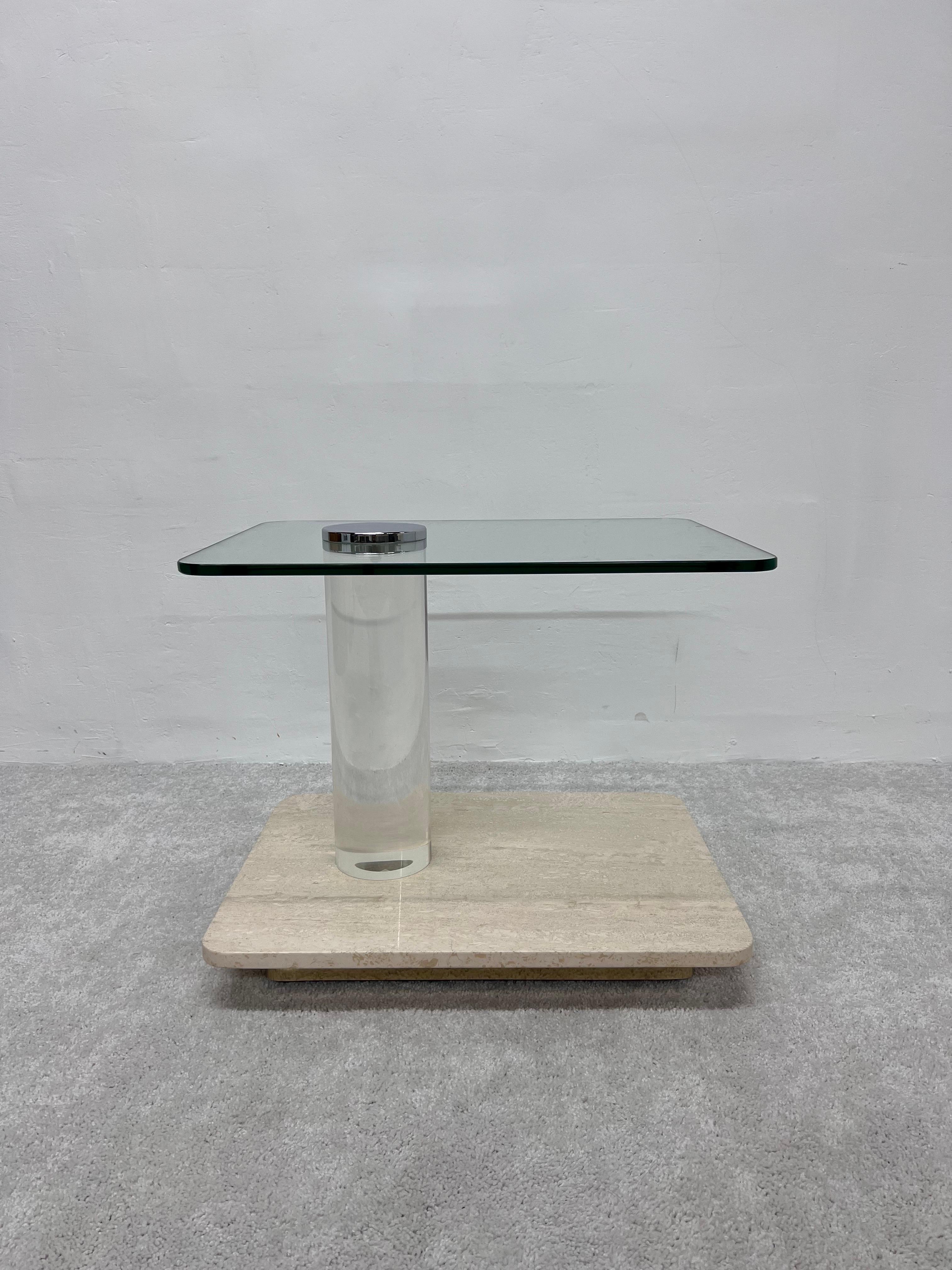 20th Century Lion in Frost Travertine and Glass Side Table with Lucite Column, 1970s For Sale