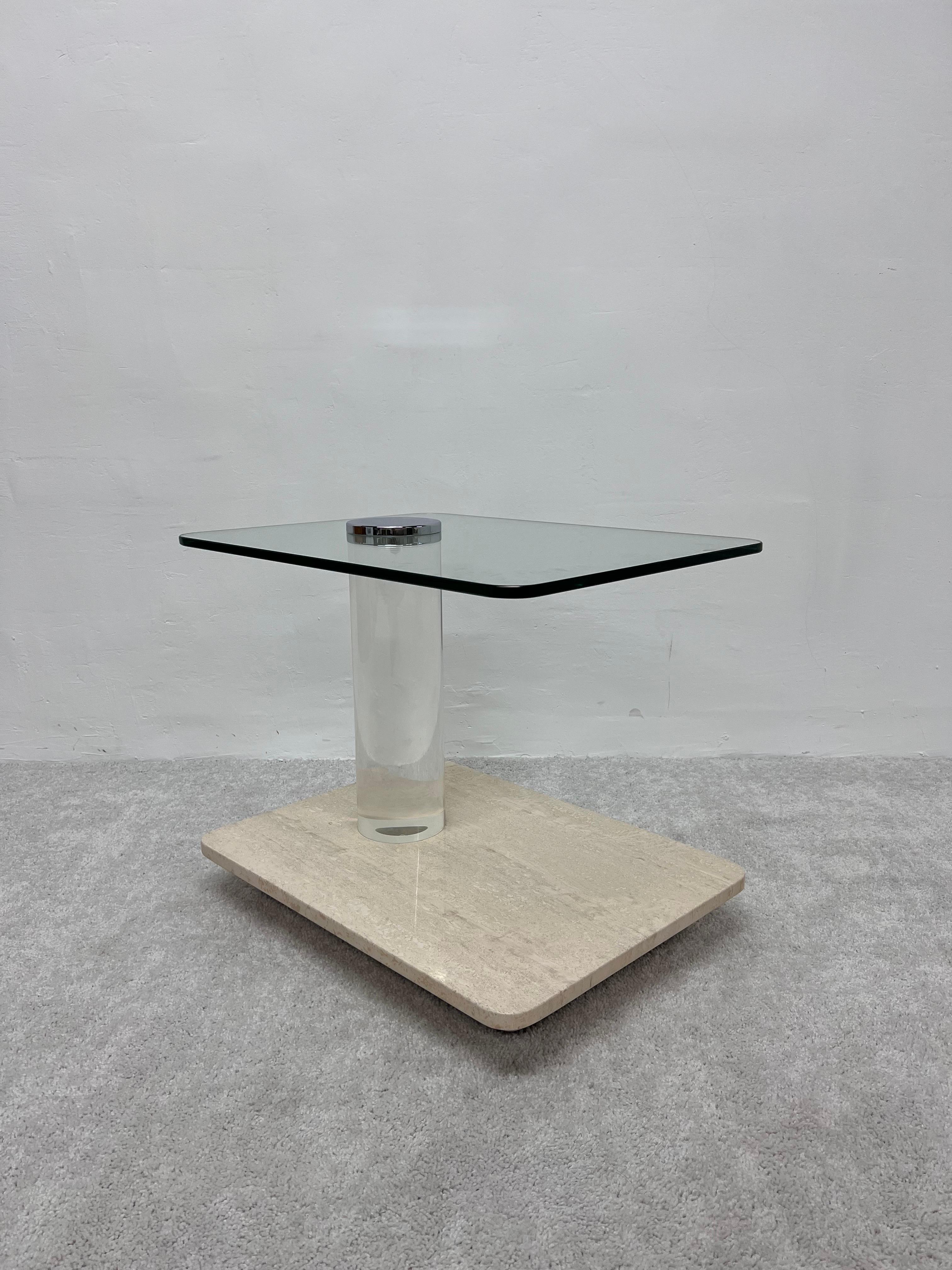 Brass Lion in Frost Travertine and Glass Side Table with Lucite Column, 1970s For Sale