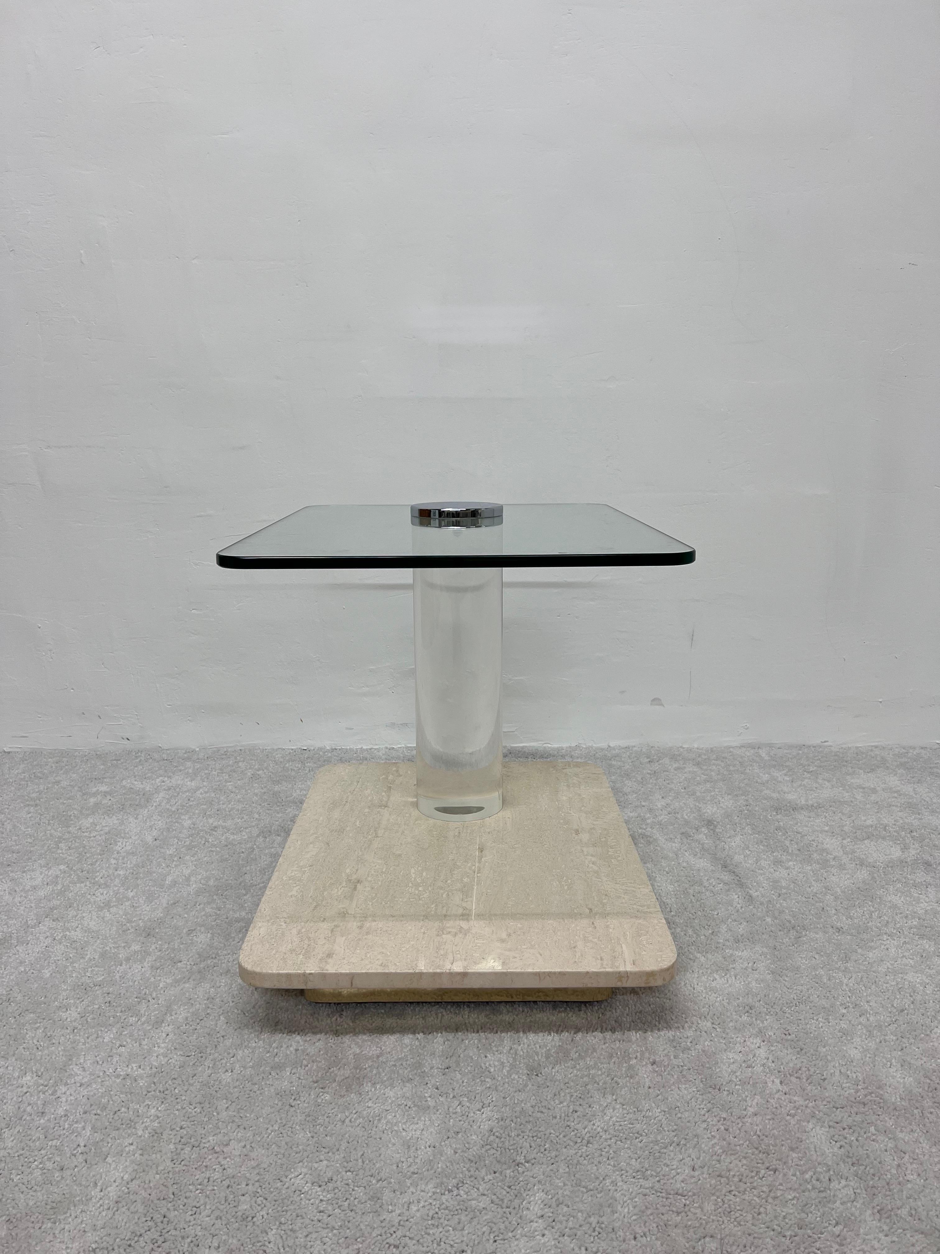 Lion in Frost Travertine and Glass Side Table with Lucite Column, 1970s For Sale 1
