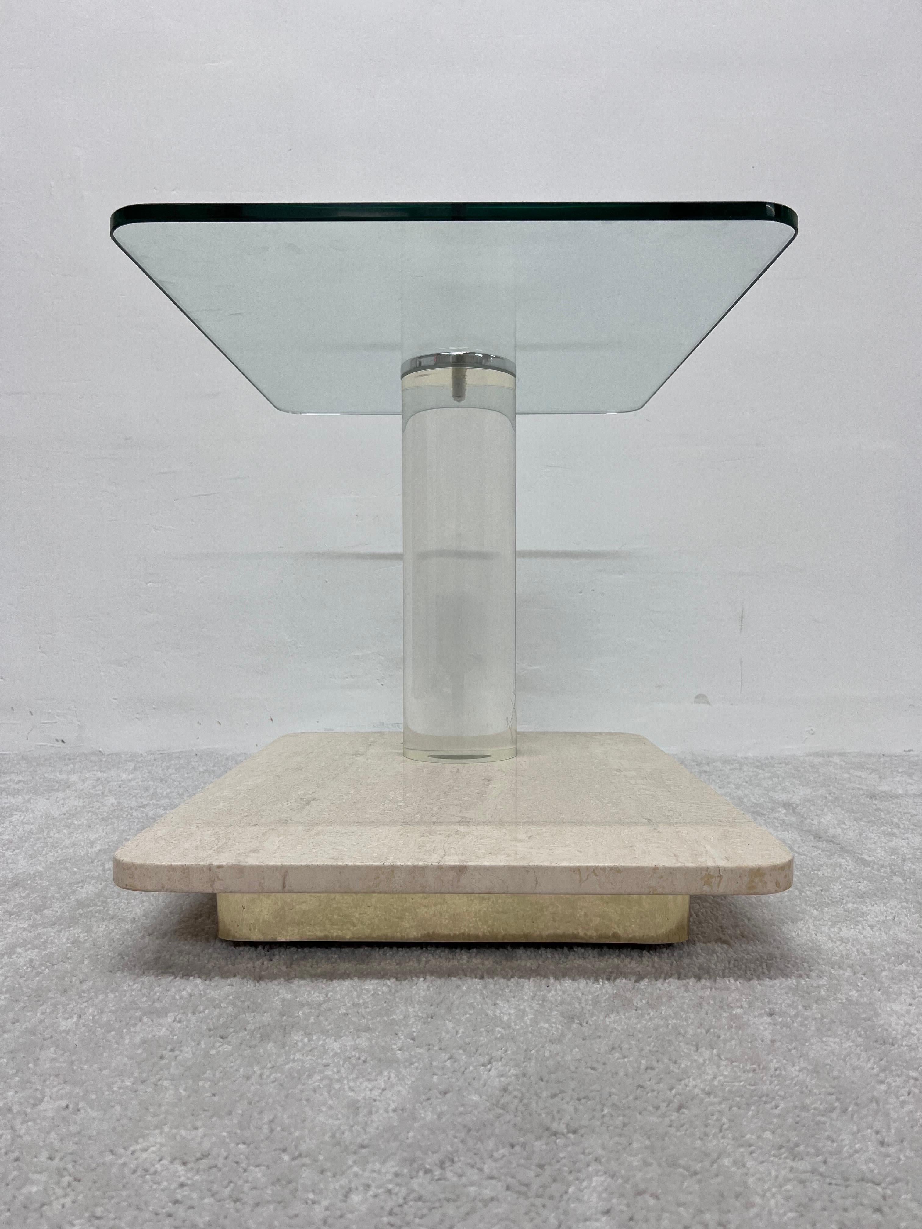 Lion in Frost Travertine and Glass Side Table with Lucite Column, 1970s For Sale 2