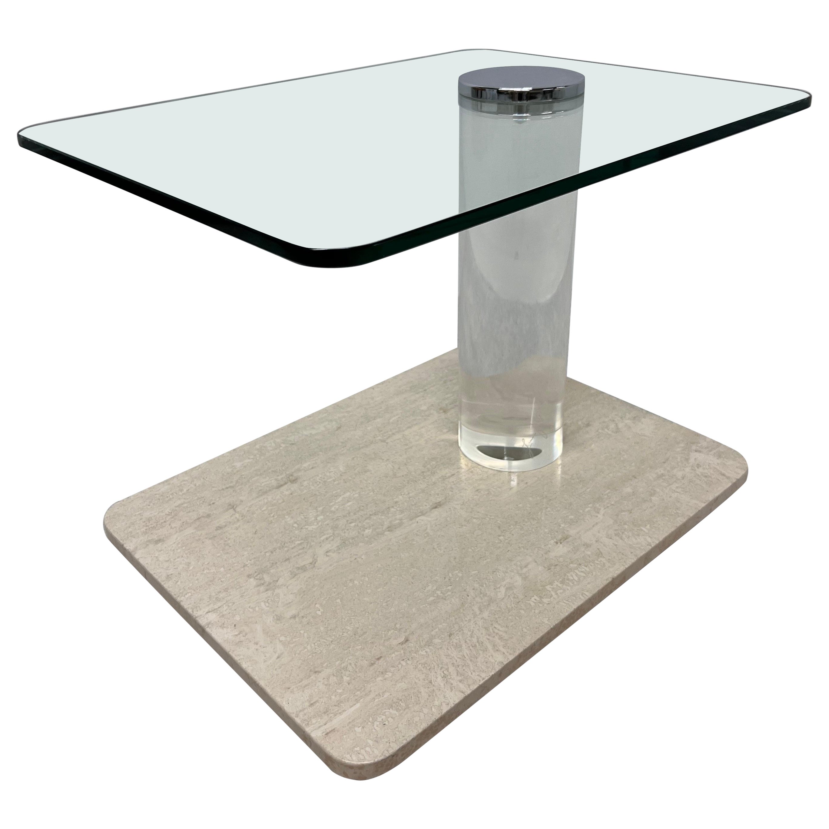 Lion in Frost Travertine and Glass Side Table with Lucite Column, 1970s