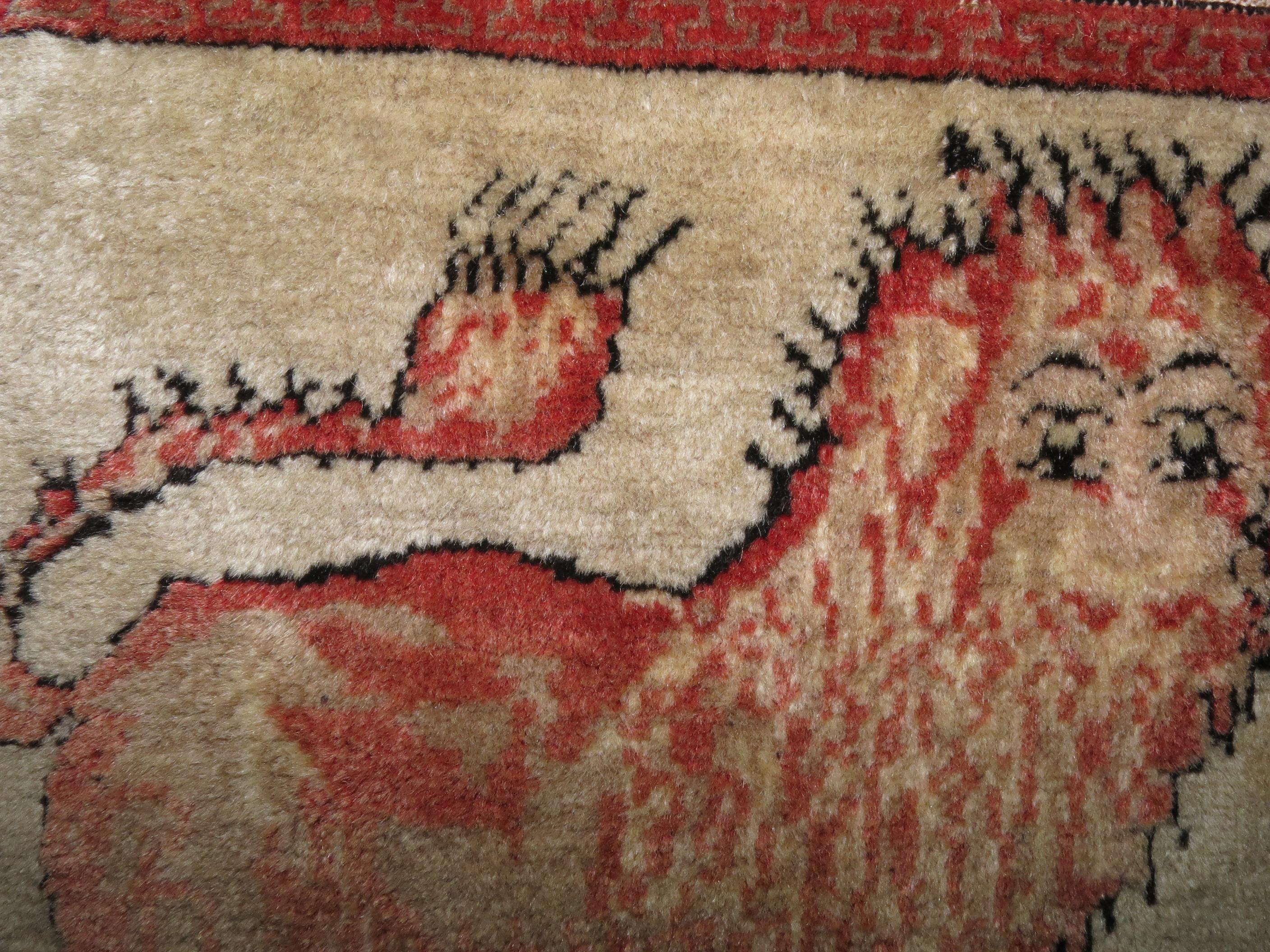 Hand-Woven Lion Khotan Antique Rug Mat For Sale