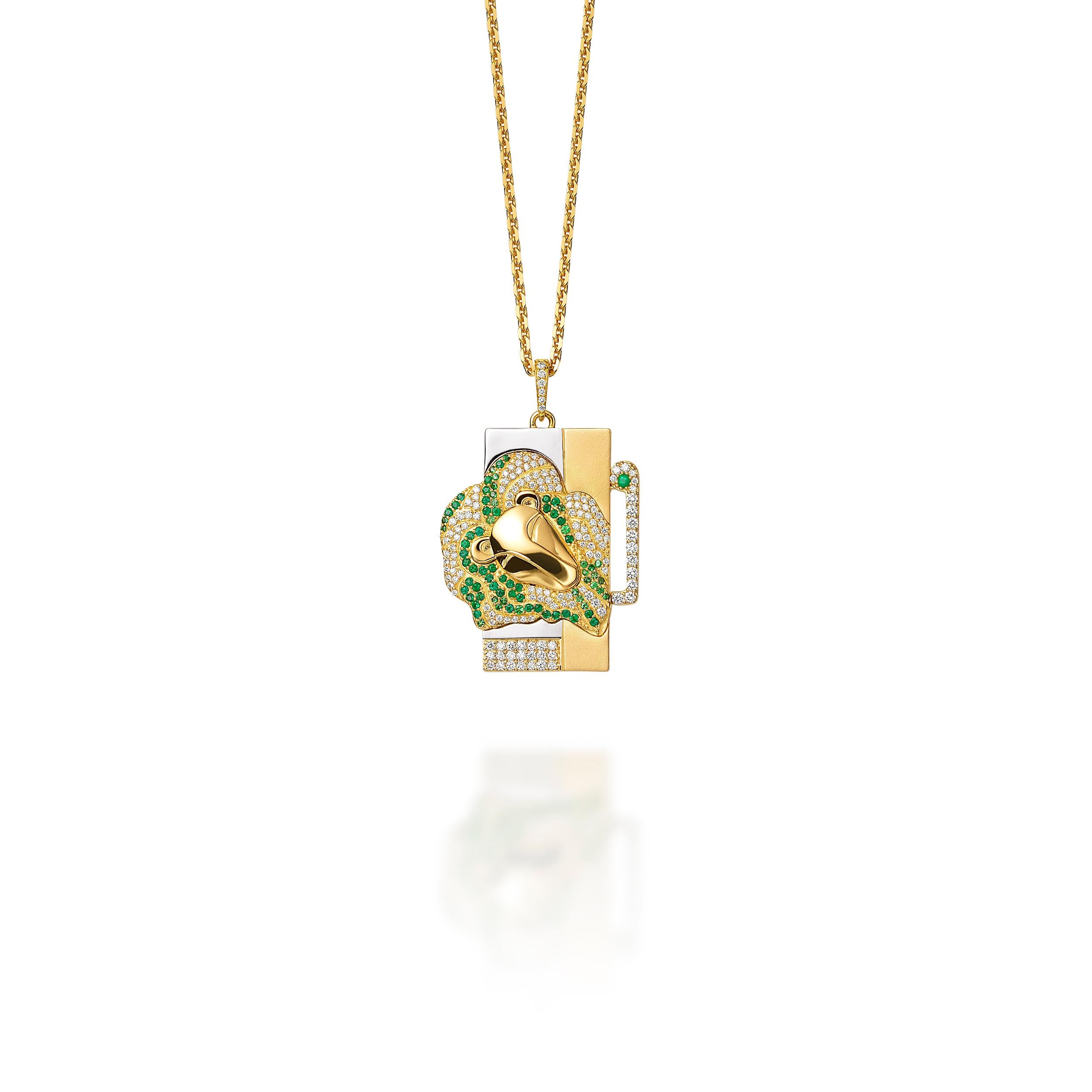 Pendentif lion (leo) signe du zodiac Or jaune 18 ct 0,92 ct diamants 0,53 ct tsavorites :
Sincèrement généreux, digne et magnétique avec un amour du luxe et de l'exclusivité dans la splendeur. Permettez à votre intuition et à votre clairvoyance