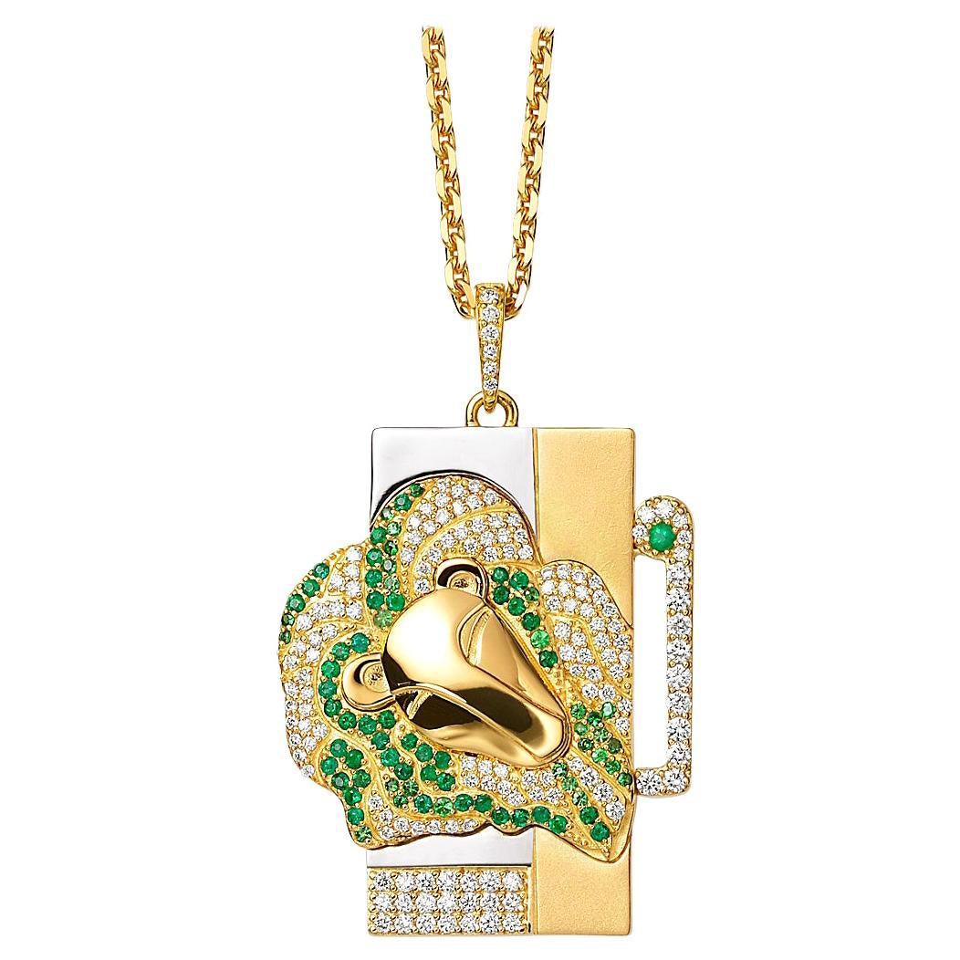 Lion/Leo Zodiac Pendant 18k Yellow Gold 60 Diamonds 0.9 CT 76 Tsavorites 0.5 CT en venta