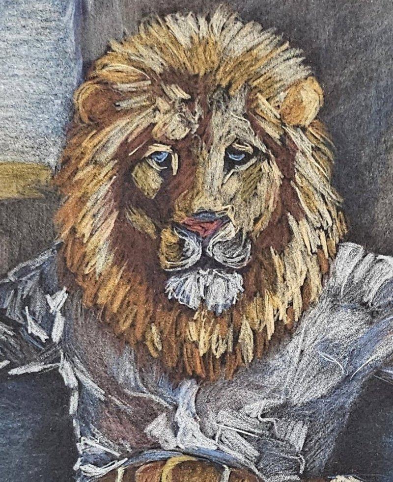 ART, Signed Original Lion Man in City High-Rise Watercolor 
 BeFirstBoldy com
This is a masculine and unusual watercolor pencil drawing on heavy acid-free cotton paper. It measures about 14 x 10 inches. There is a signature on the bottom right
