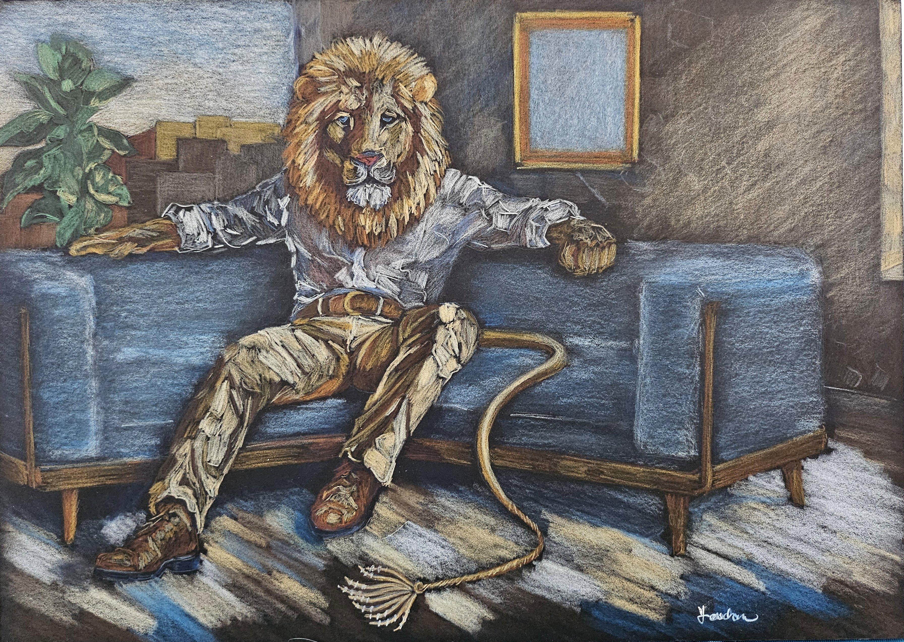 Other ART, Signed Original Lion Man in City High-Rise  Watercolor For Sale