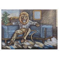 ARTE, Firmado Original Hombre león en un rascacielos de la ciudad Acuarela VENTA DE CIERRE