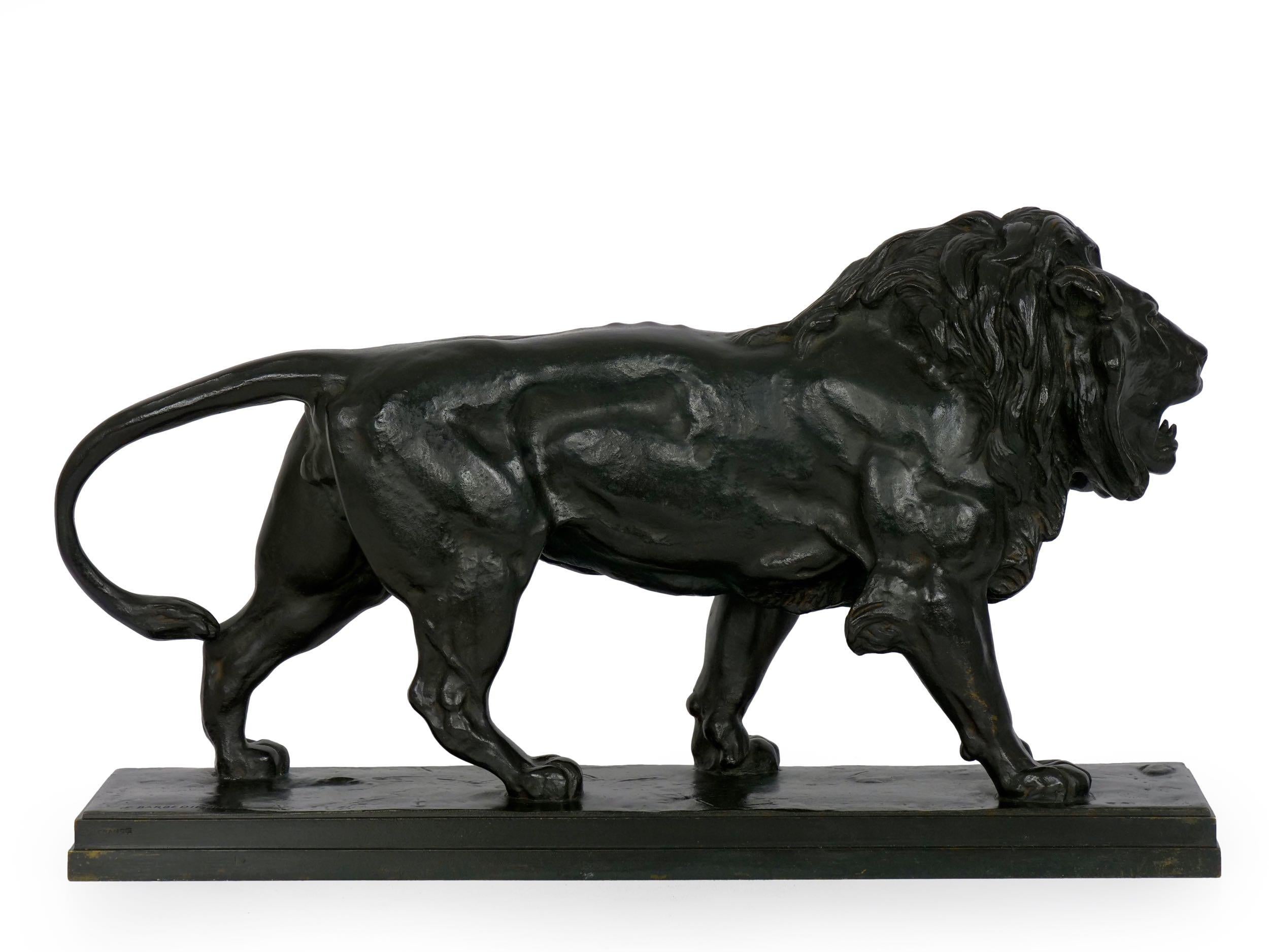 19th Century “Lion Marchant” Antique French Bronze Sculpture by Antoine Barye & Barbedienne