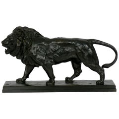 “Lion Marchant” Antique French Bronze Sculpture by Antoine Barye & Barbedienne