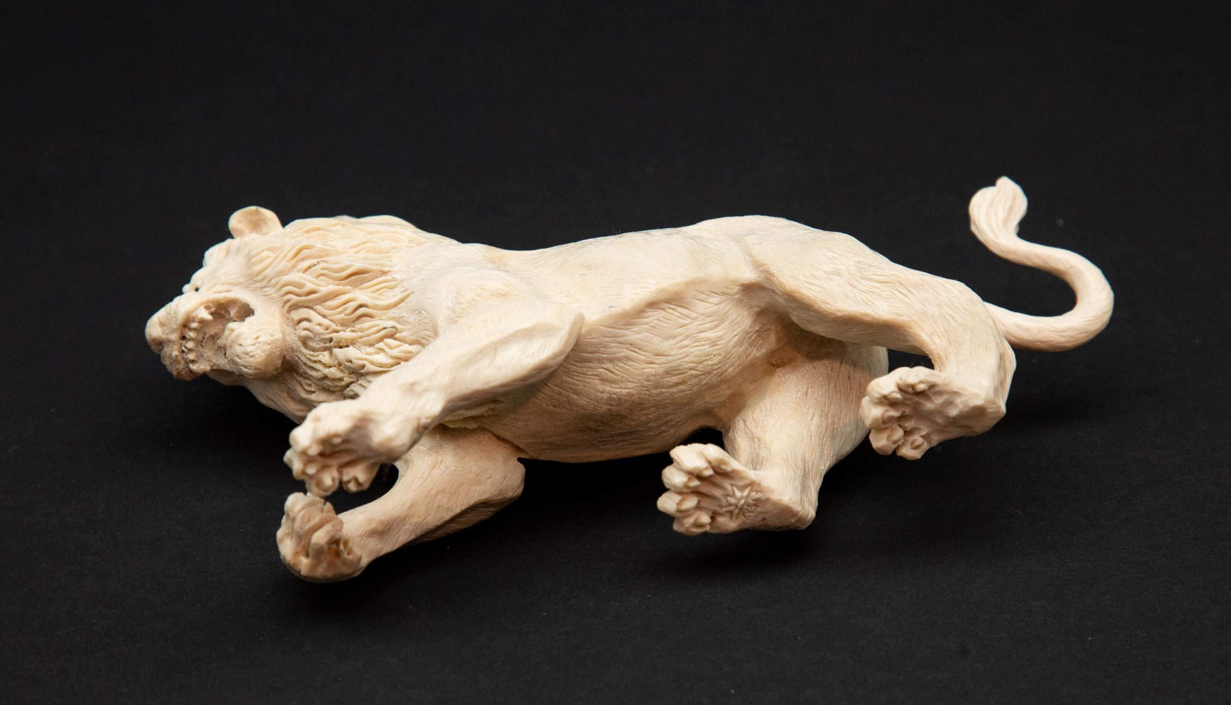 Lion Moose Antler Carving In New Condition In New York, NY