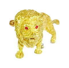 Lion Motif Diamond Ruby and Yellow Gold Pin