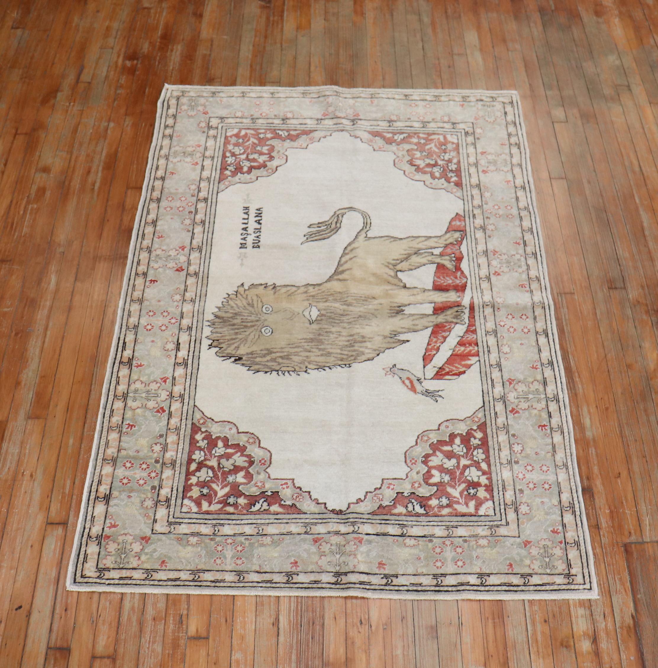 Lion Motif Vintage Turkish White Ground Dowry Rug, 20th Century For Sale 1