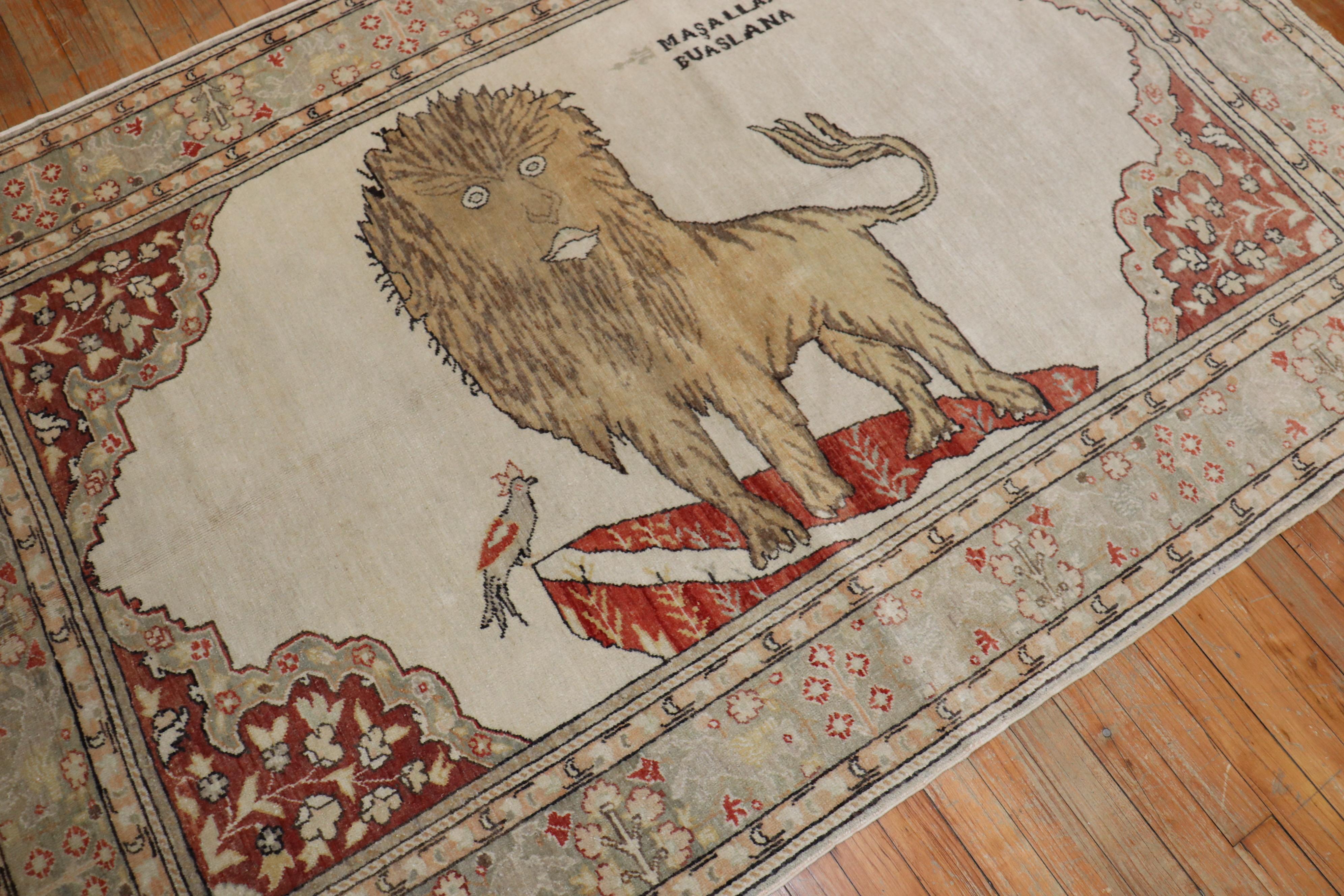 Lion Motif Vintage Turkish White Ground Dowry Rug, 20th Century For Sale 3