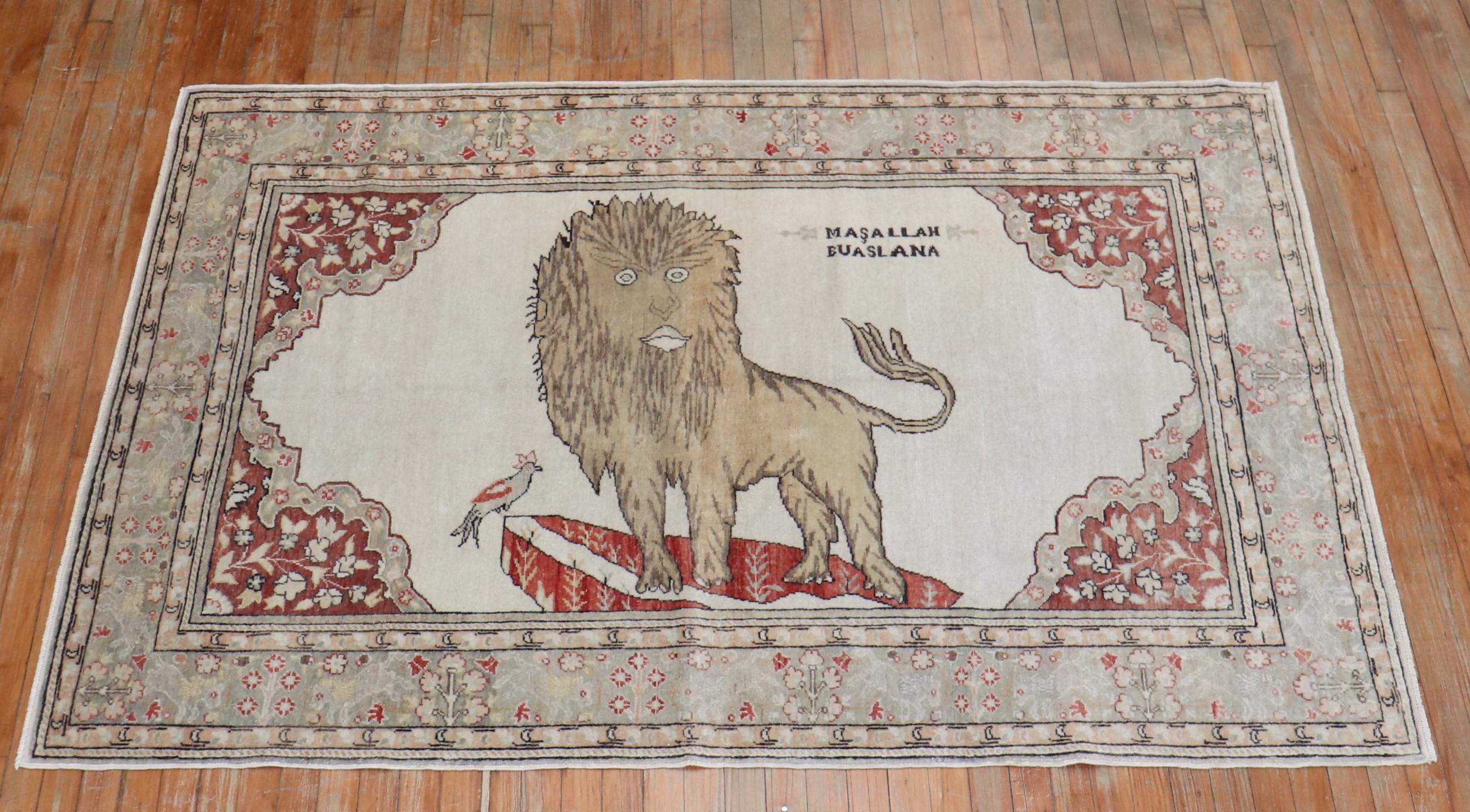 Lion Motif Vintage Turkish White Ground Dowry Rug, 20th Century For Sale 4