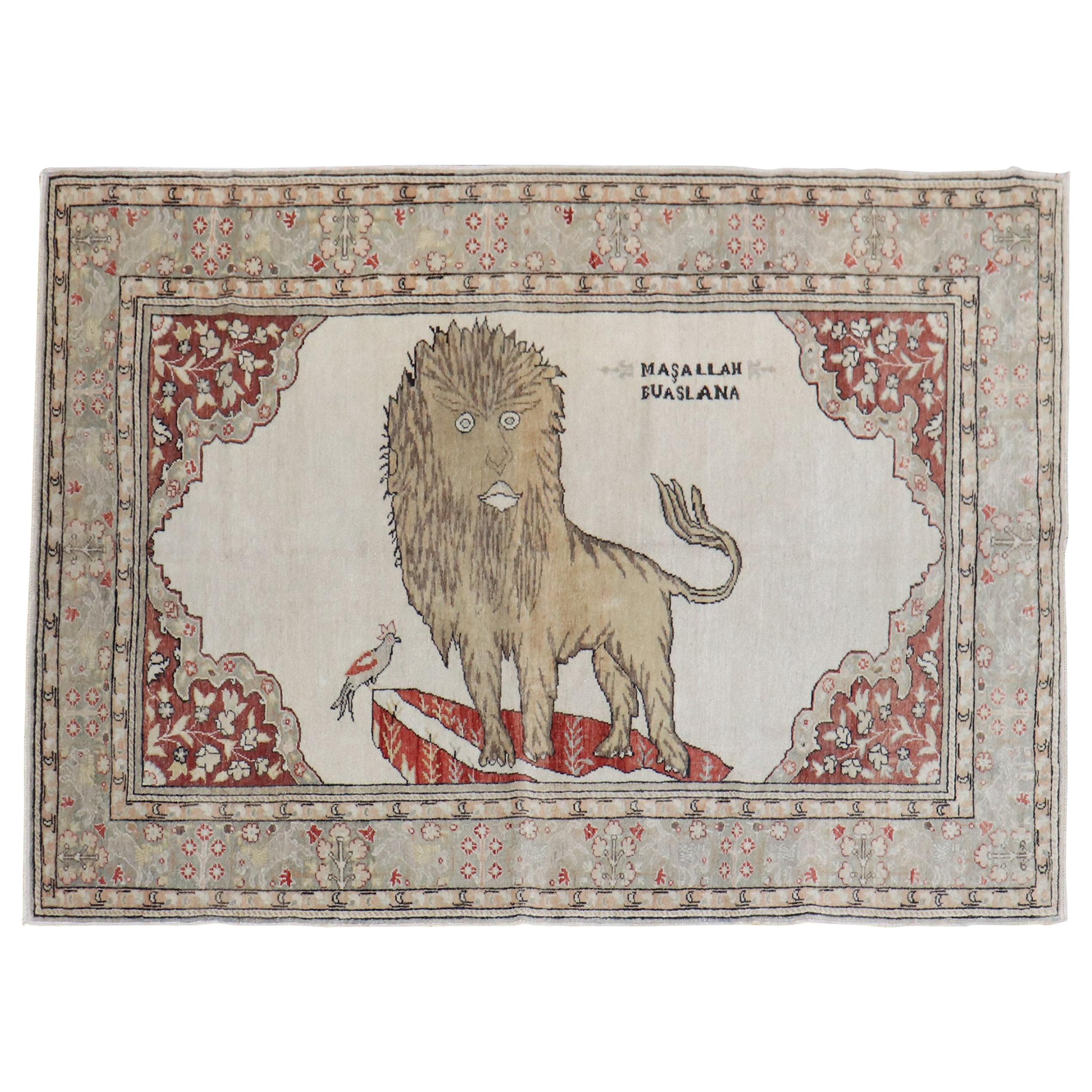 Lion Motif Vintage Turkish White Ground Dowry Rug, 20th Century For Sale