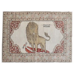 Lion Motif Vintage Turkish White Ground Dowry Rug, 20th Century