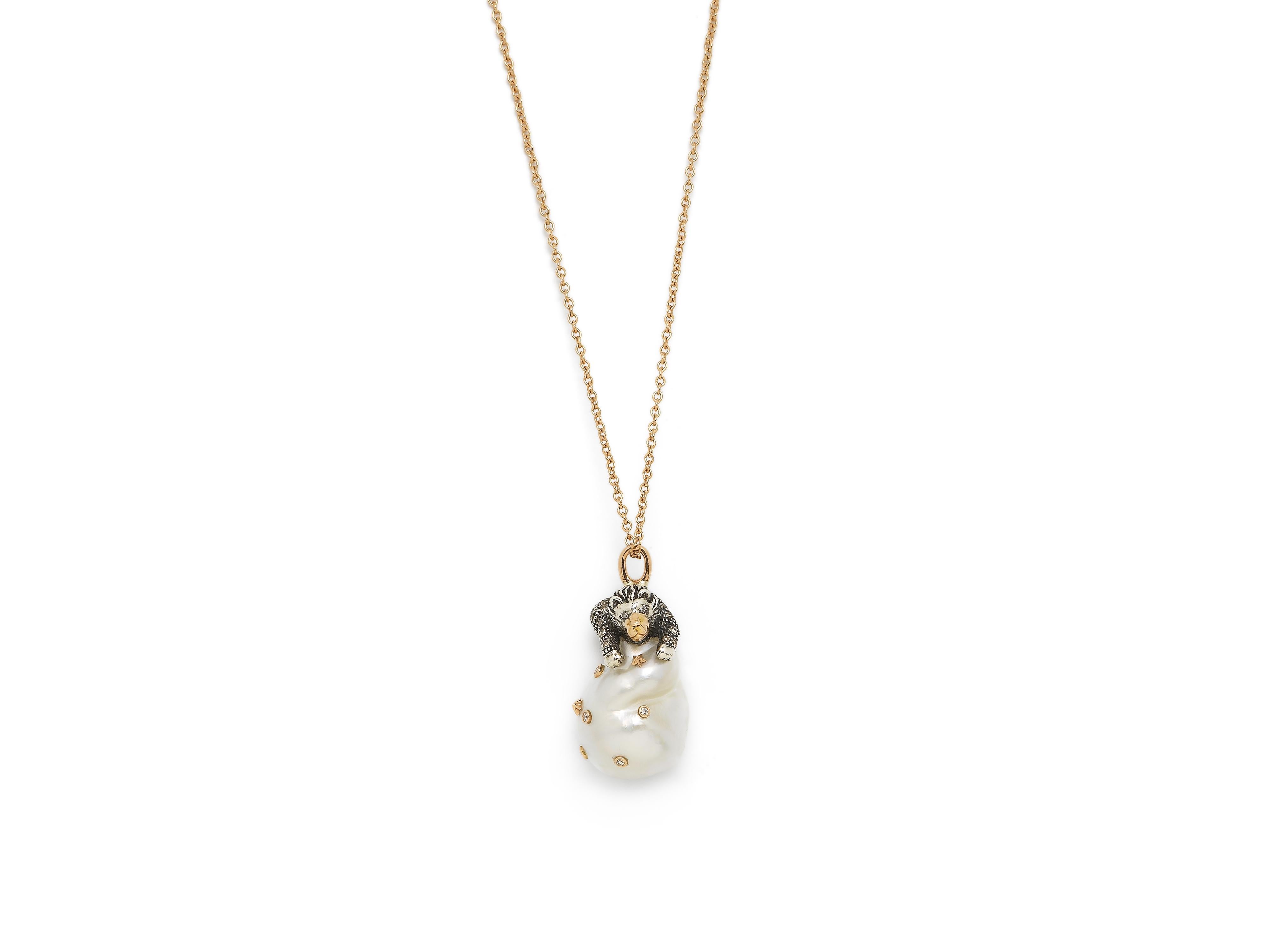 Contemporary Lion on Baroque South Sea Pearl with 18 Karat Gold Stars and Diamonds Necklace For Sale