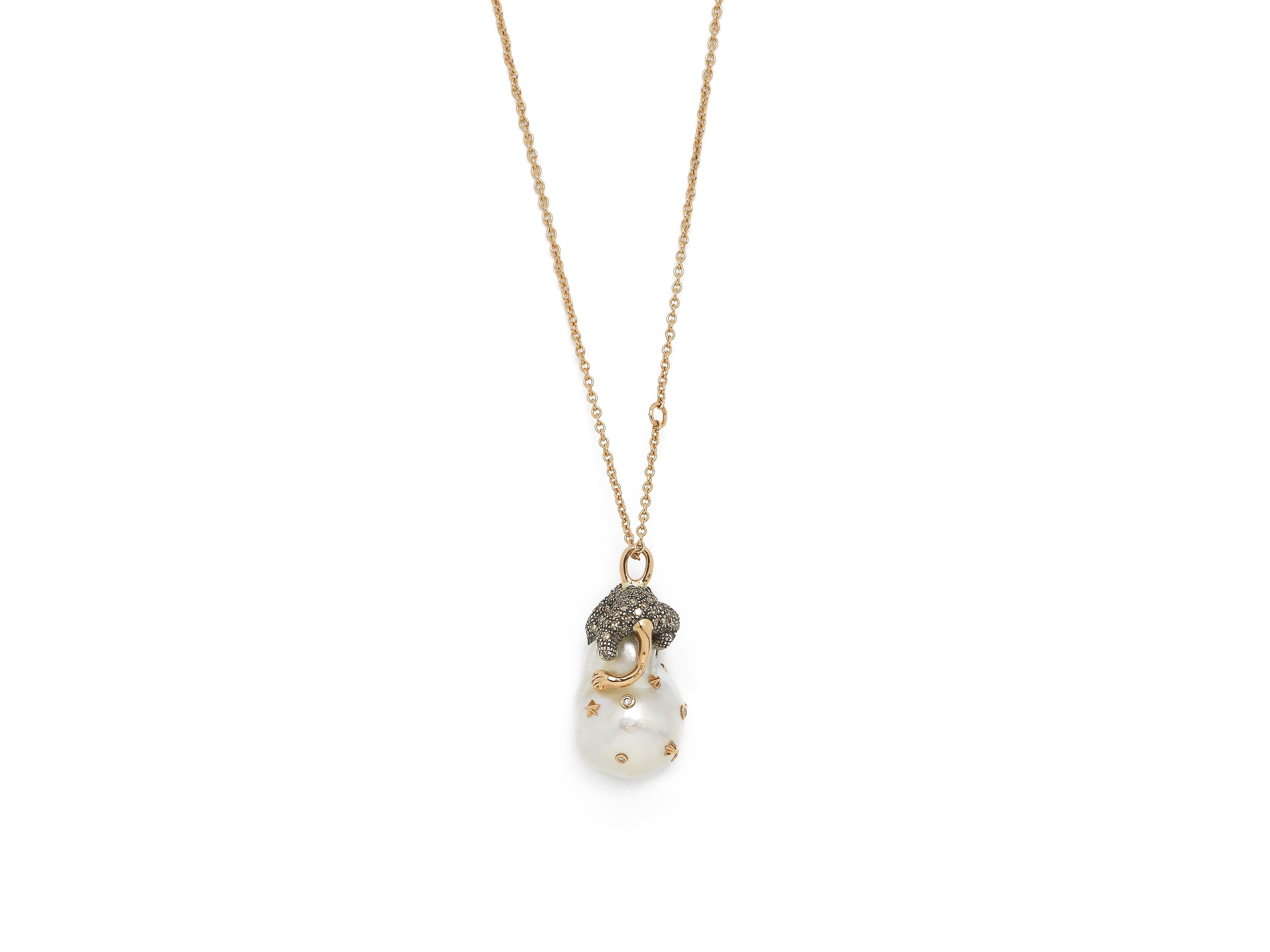 Rose Cut Lion on Baroque South Sea Pearl with 18 Karat Gold Stars and Diamonds Necklace For Sale