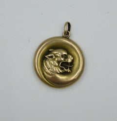 Lion Panther Leopard Locket Emerald 14 Karat Gold Belle Epoque Victorian Pendant