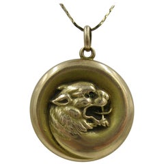 Lion Panther Leopard Locket Emerald 14 Karat Gold Belle Epoque Victorian Pendant