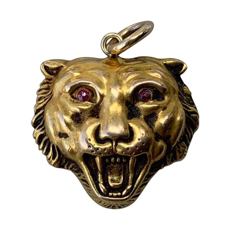 Lion Panther Leopard Tiger Pendant Ruby 14 Karat Gold Belle Époque Victorian