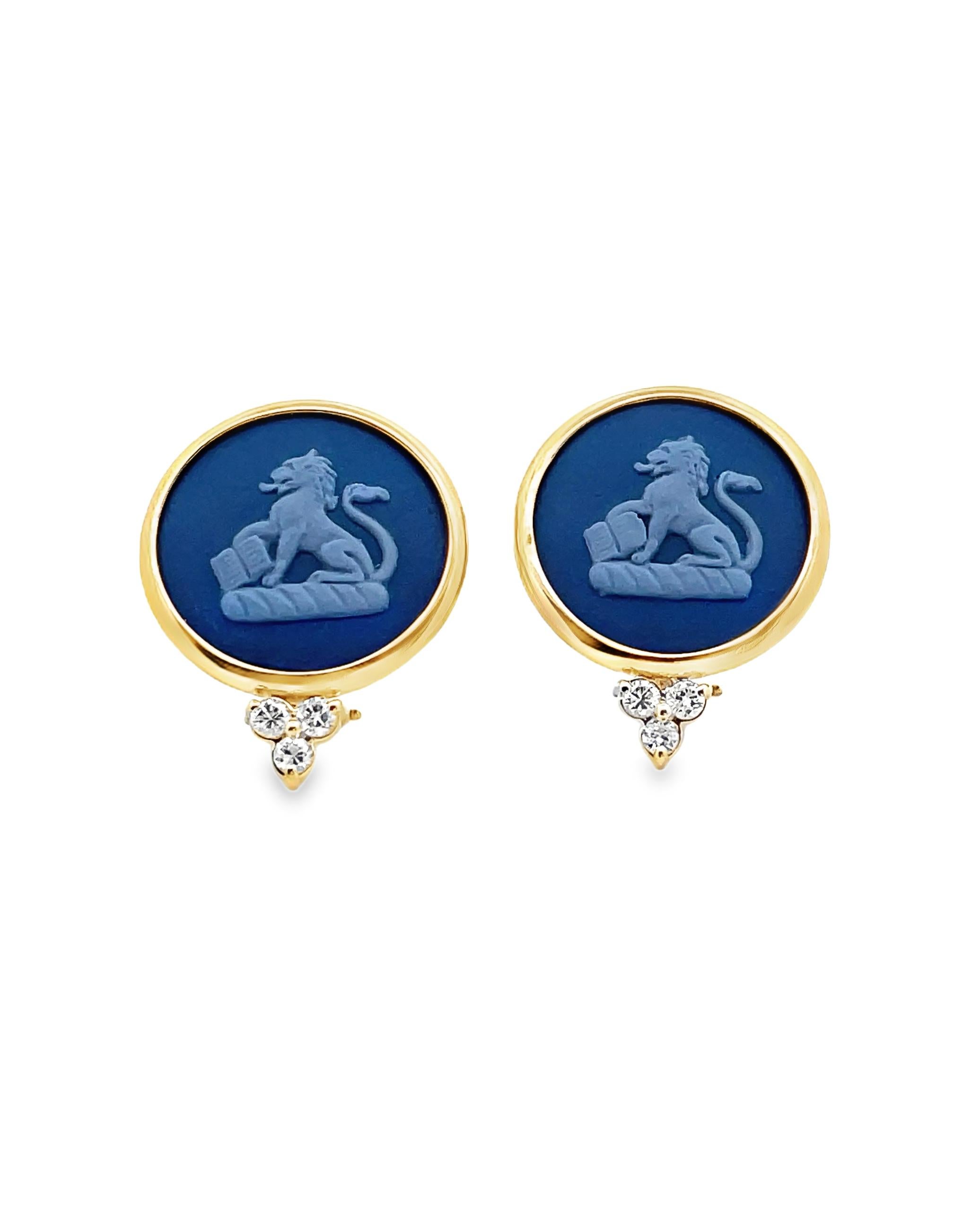 Lion Passant 14K Yellow Gold Medallion Post Diamond Earrings with Blue Wedgwood For Sale