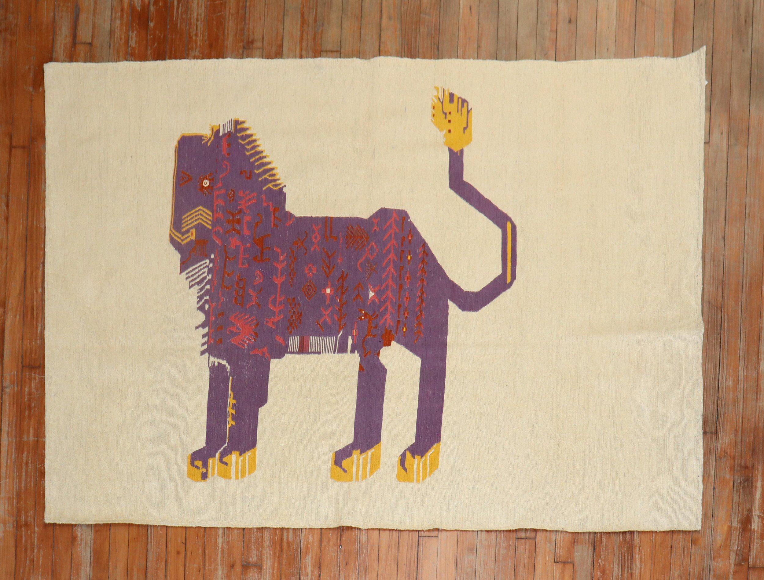 Accent size Persian kilim from the late 20th century with a purple lion on an ivory ground

Measures: 4'5'' x 6'5''.

This was originally belonging to a private Persian collector who requested to make a custom collection of flat-weaves with