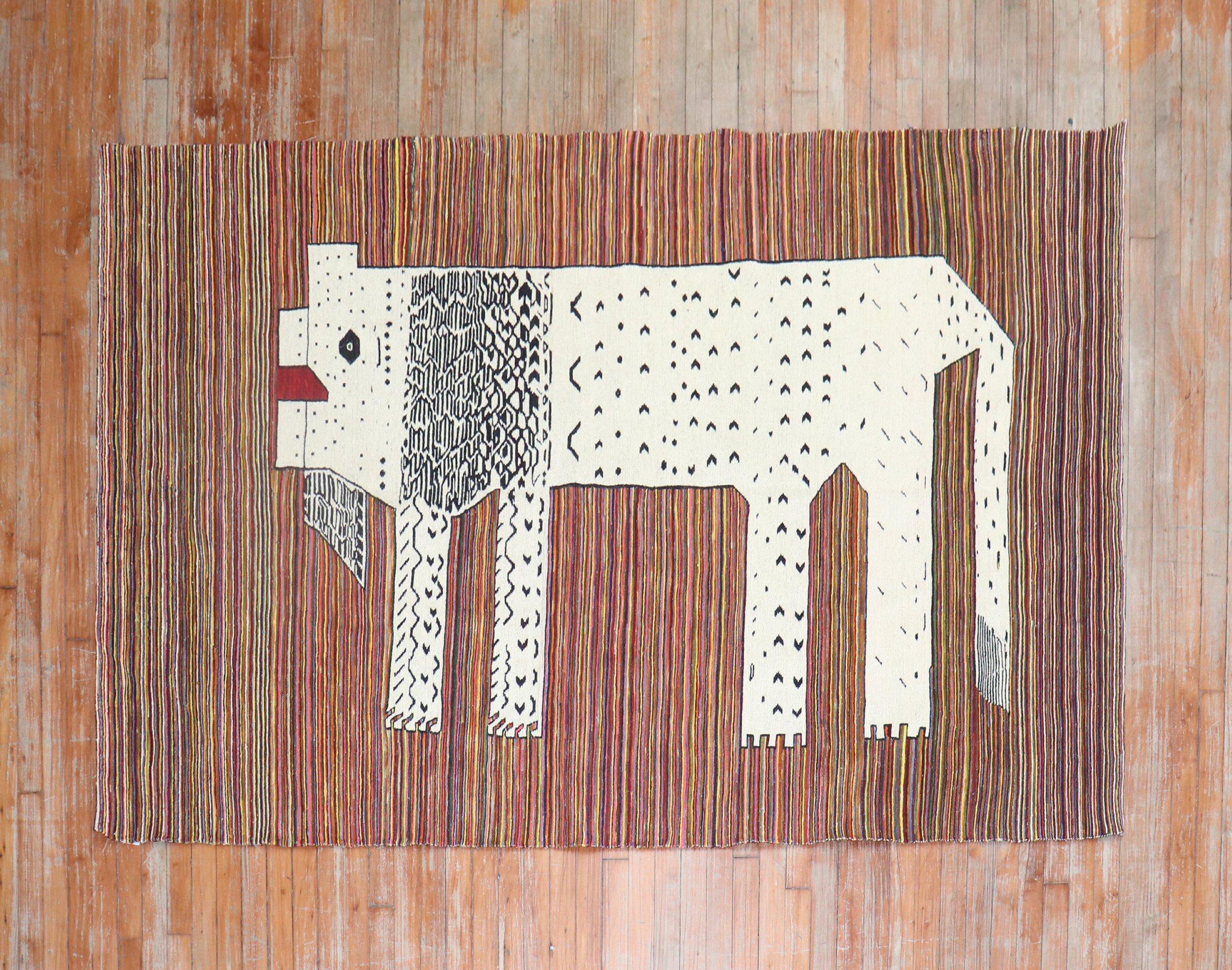 Accent size Persian kilim from the late 20th century with a lion on a striped field

Measures: 4'9'' x 7'7''.

This was originally belonging to a private Persian collector who requested to make a custom collection of flat-weaves with quirky