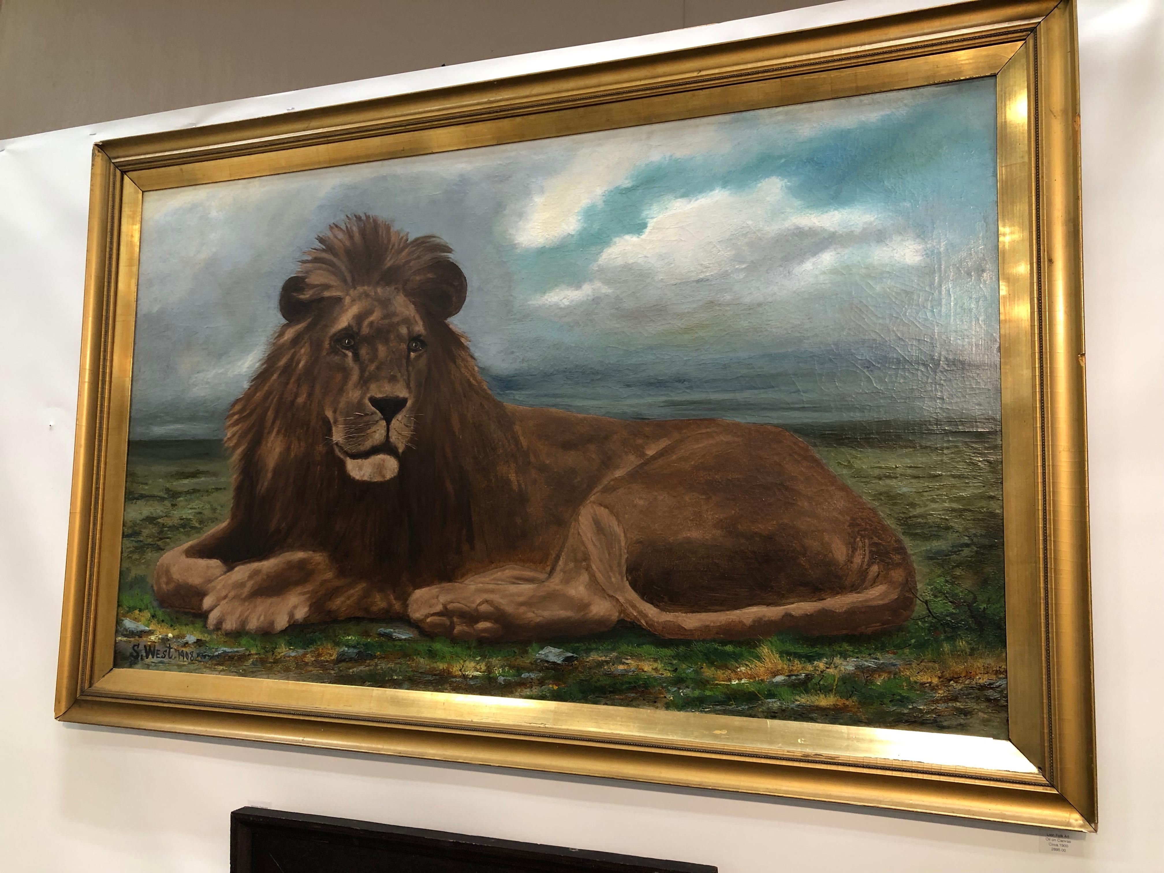 Lion portrait painting Majestic beast oil on canvas signed and dated
S. West Artist Southeastern Pa.