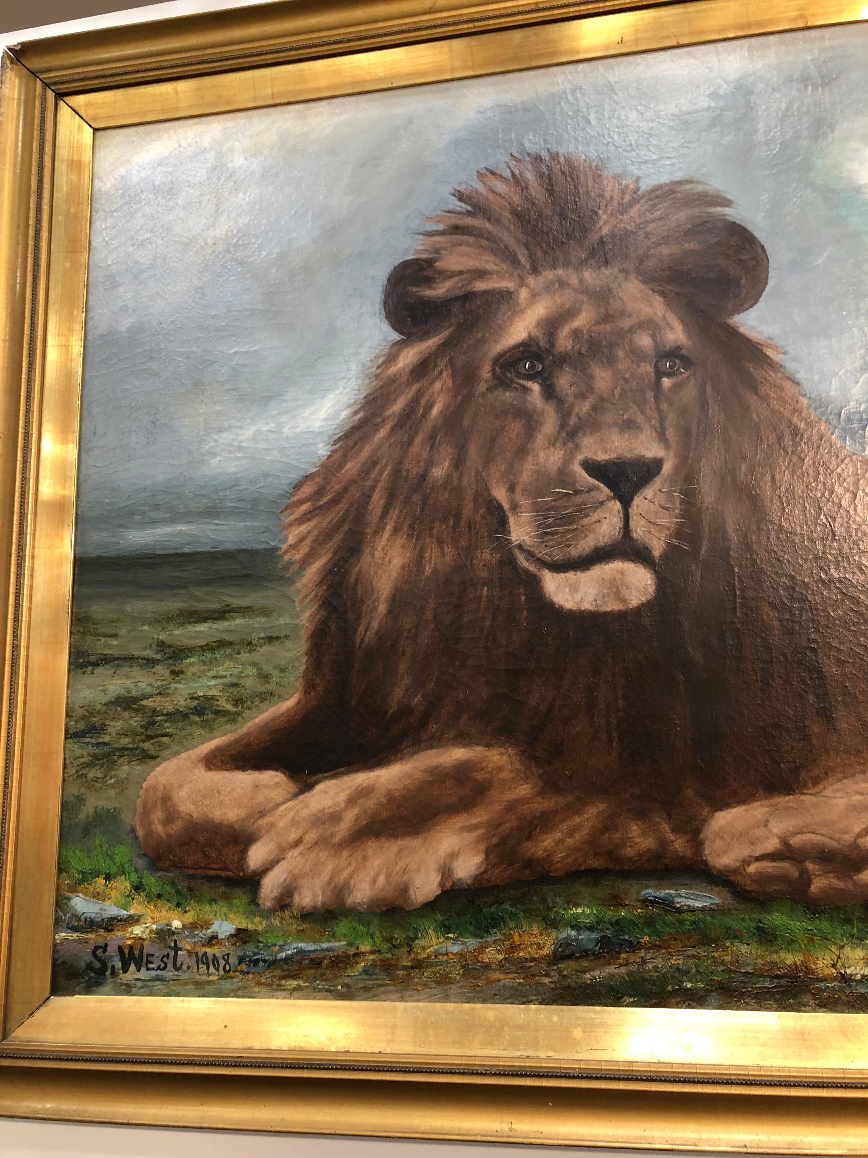 Folk Art Lion Portrait Painting Majestic Beast Oil on Canvas Signed and Dated S. West For Sale