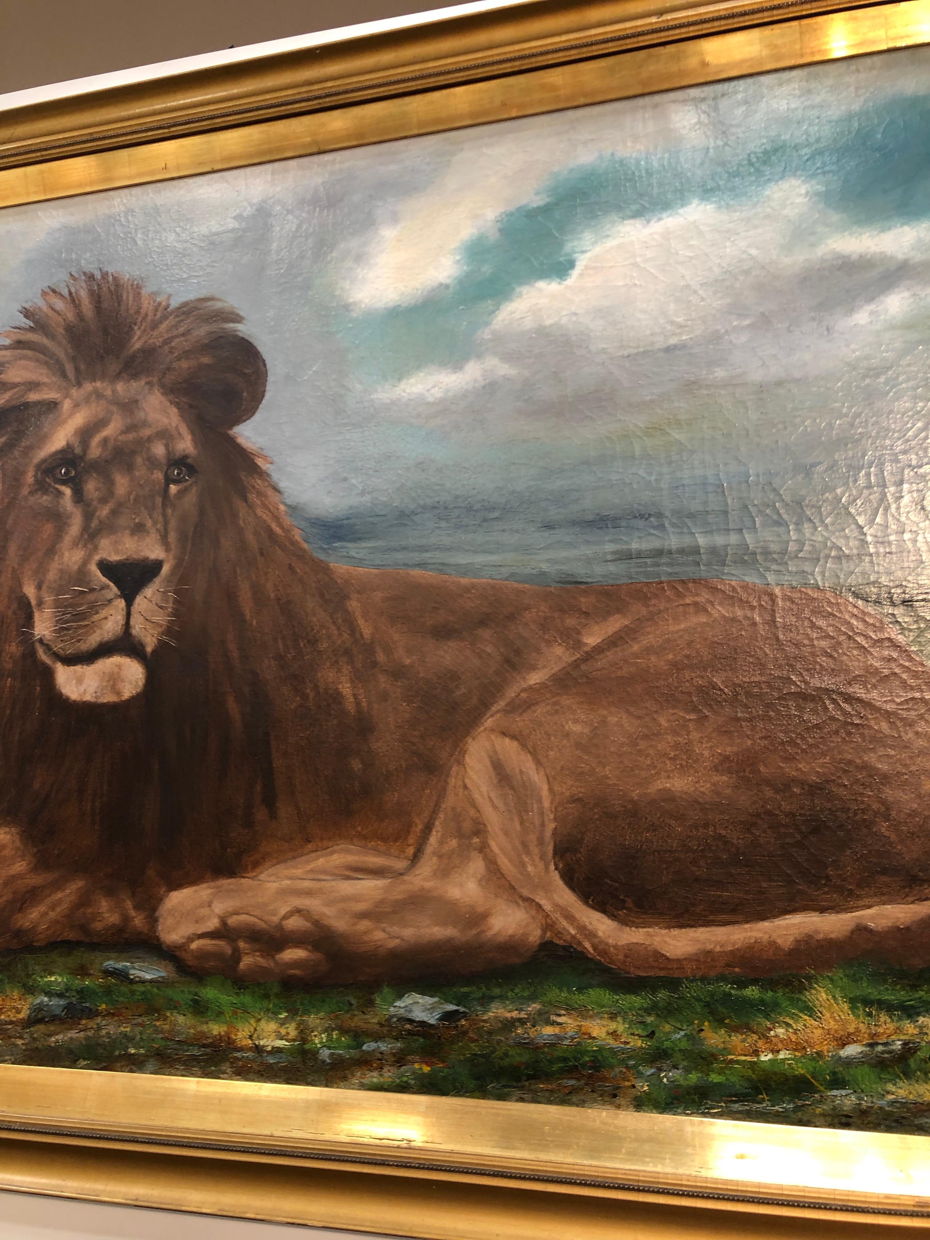 Painted Lion Portrait Painting Majestic Beast Oil on Canvas Signed and Dated S. West For Sale
