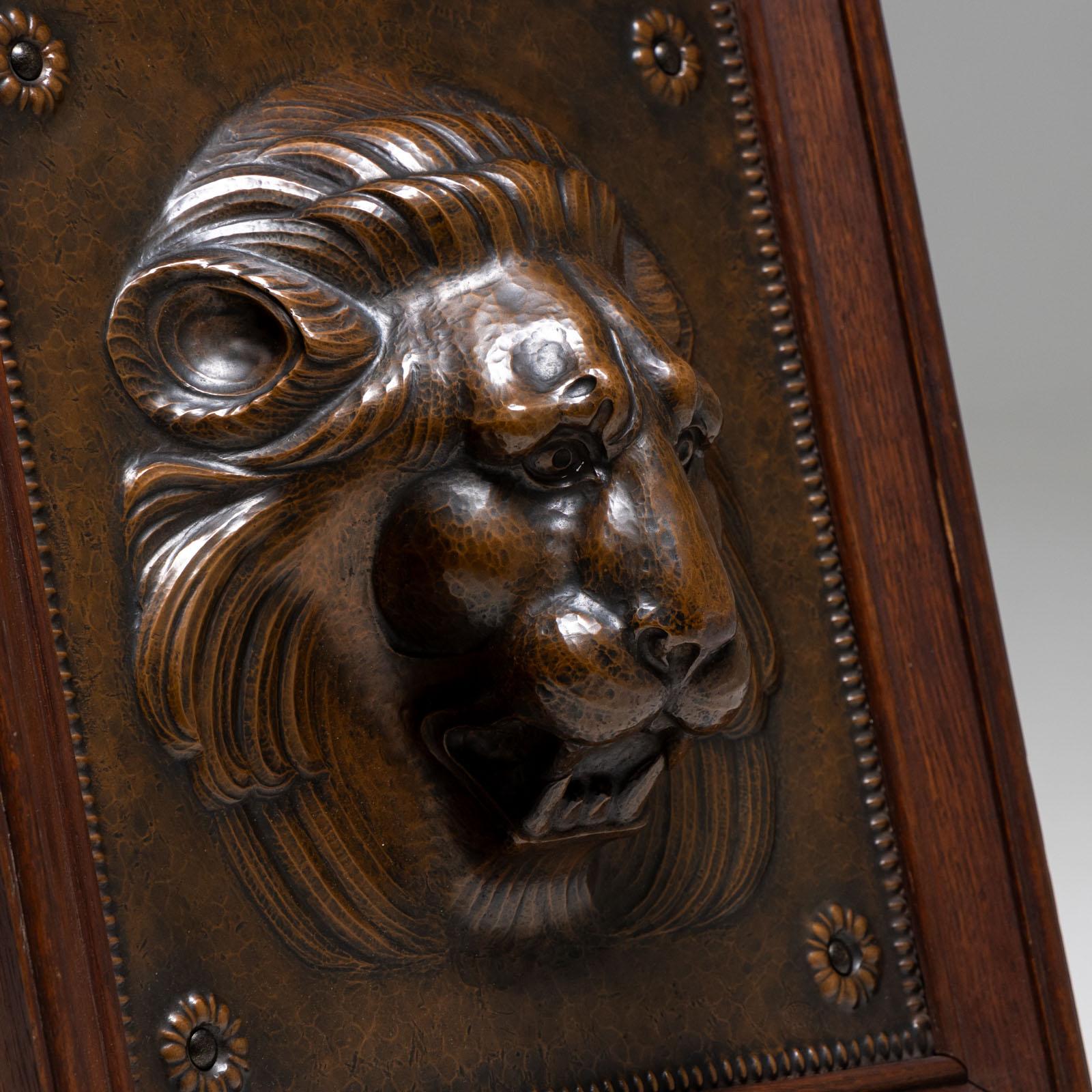 Early 20th Century Lion Protome in Oak Frame, signed E. Herger, 1910 For Sale