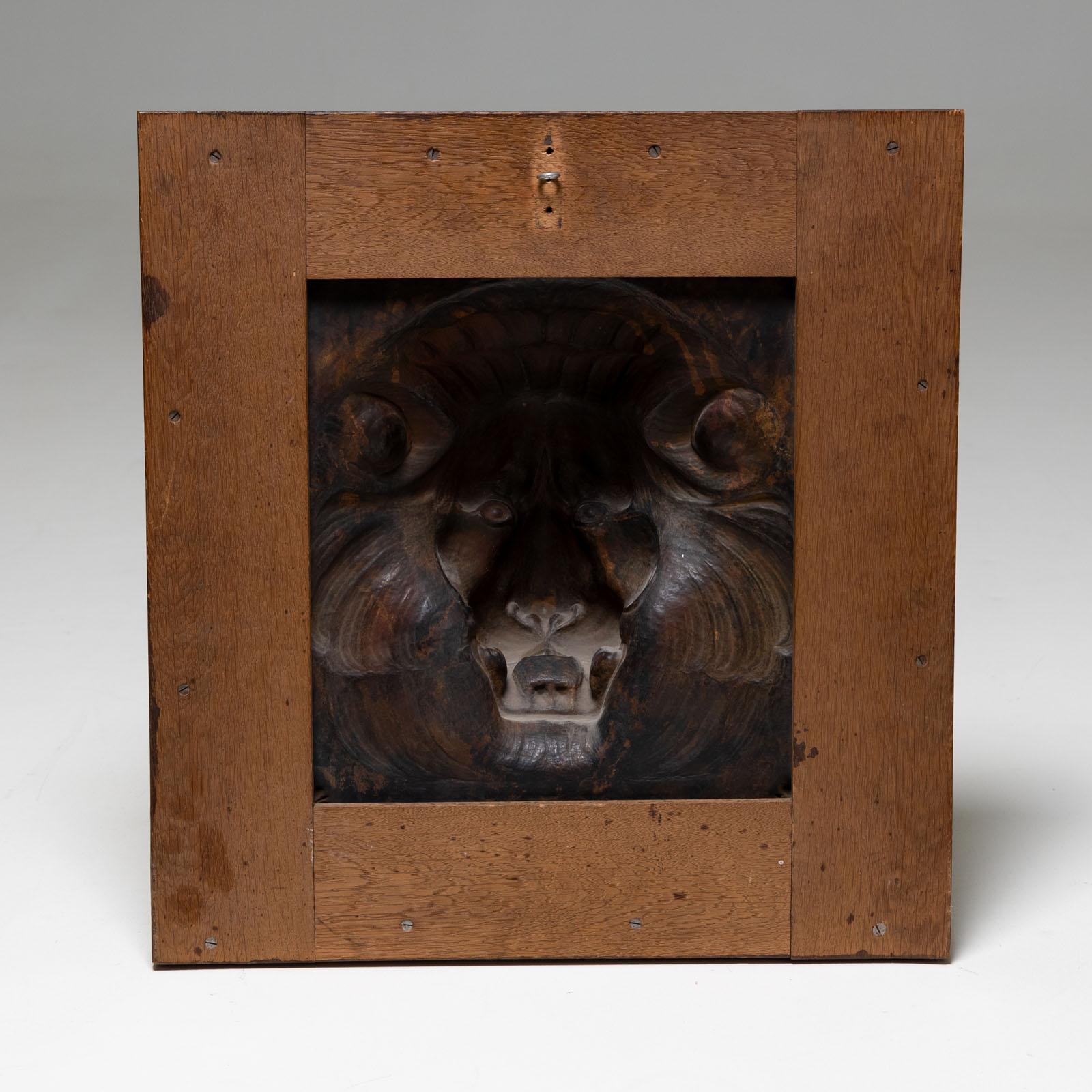 Lion Protome in Oak Frame, signed E. Herger, 1910 For Sale 1