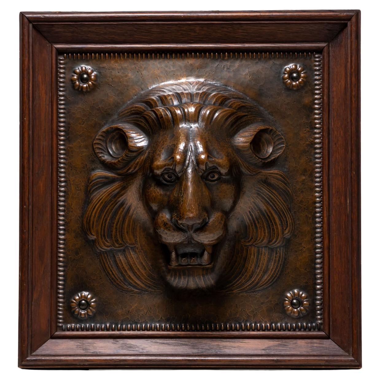 Lion Protome in Oak Frame, signed E. Herger, 1910 For Sale