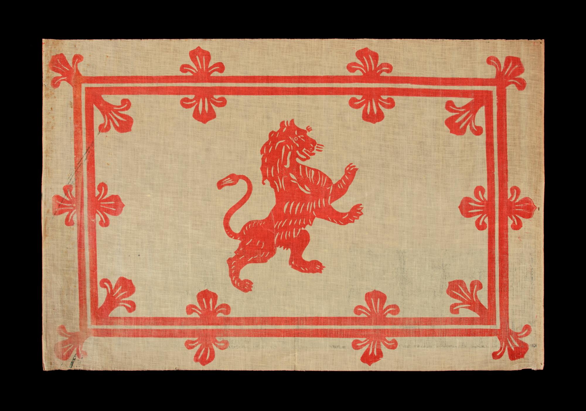 THE ROYAL FLAG OF SCOTLAND, a.k.a., “LION RAMPANT,” A GLAZED COTTON PARADE FLAG, LAST QUARTER 19th CENTURY

Parade flag in the form of the Royal Flag of Scotland, printed on coarse, glazed cotton. Made during the last quarter of the 19th century,