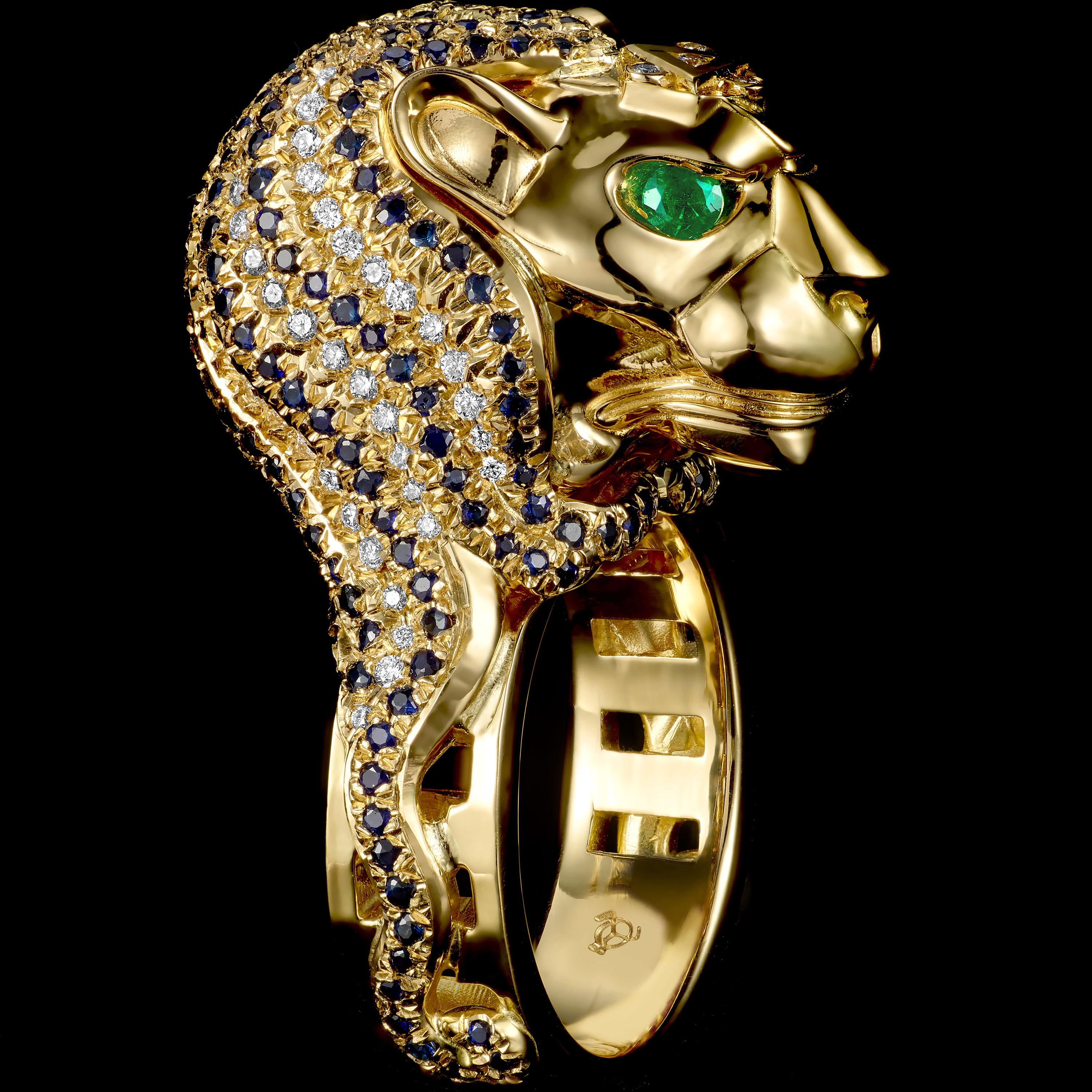 Contemporary 18K Yellow Gold Diamonds Sapphires Emeralds Pave Cocktail Statement Ring Lion For Sale