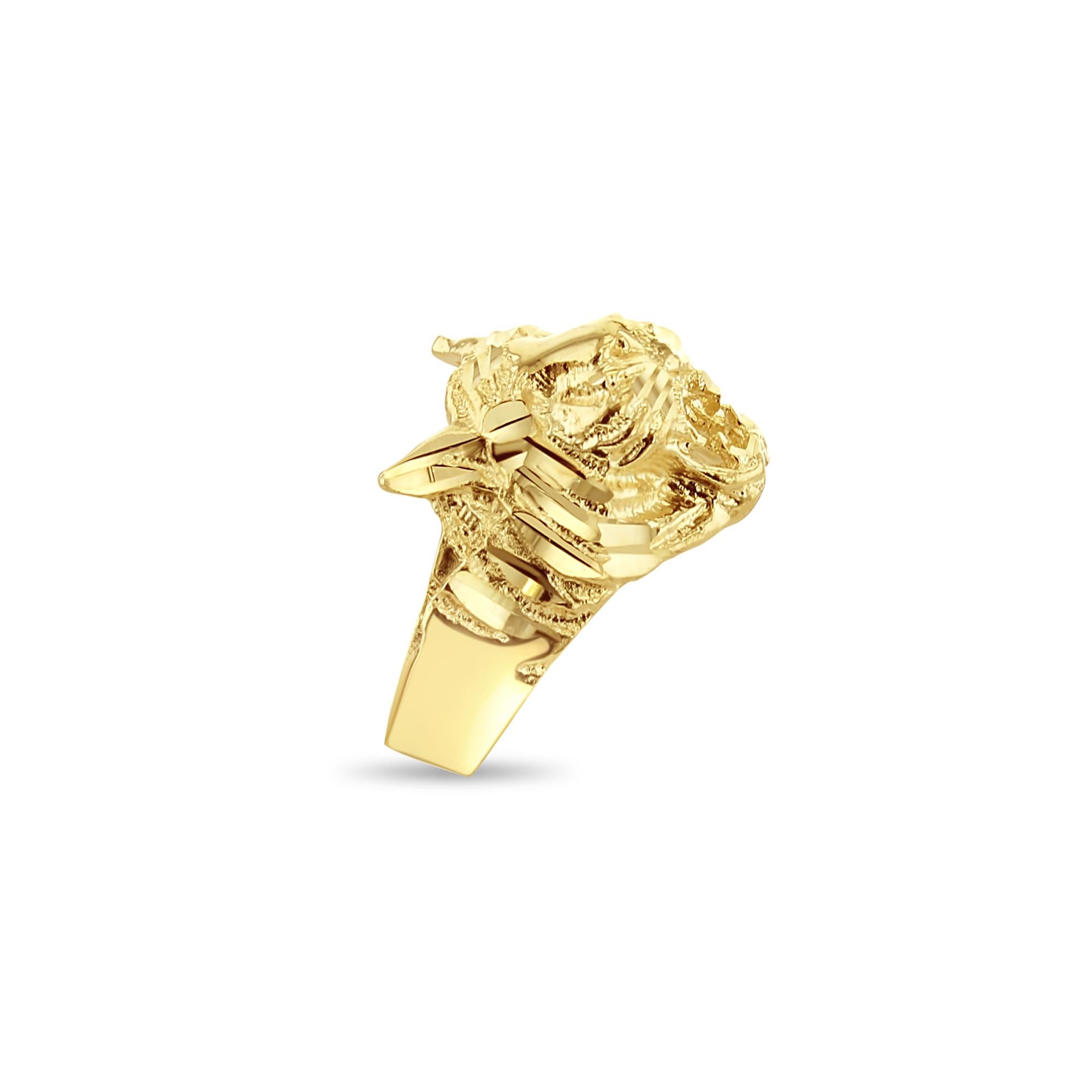 Riepilogo dell'anello ♥

Dettagli: Leone con tagli di diamante 
Materiale della fascia: Oro giallo 14k
Dimensioni: 18MM x 20MM
Peso: 7 grammi
