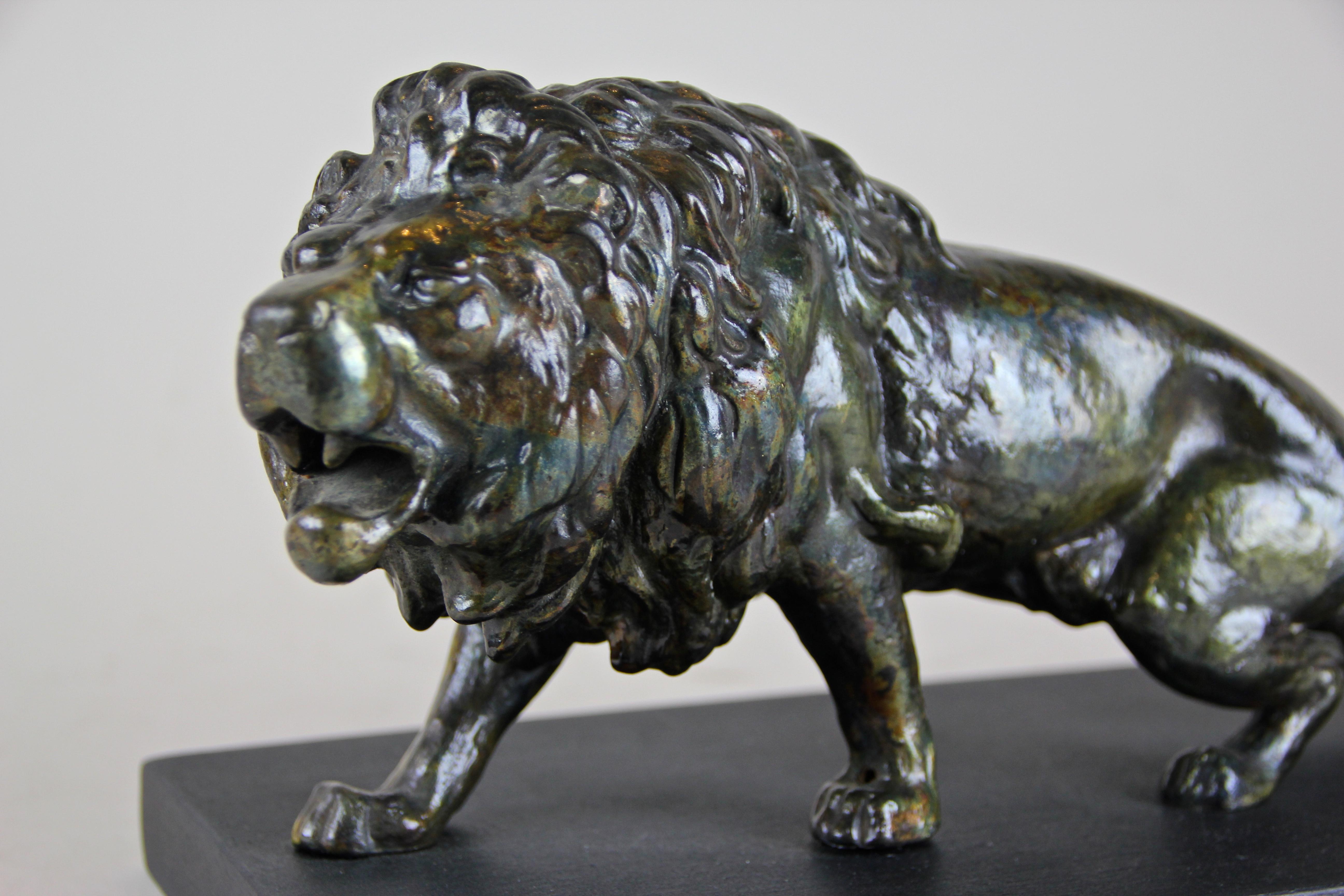 Fine Art Nouveau lion sculpture out of Austria, artfully made of cast steel around the turn of the century. This great depiction of an animal sculpture shows an amazing iridescent patinated surface and provides this decorative lion a very majestic