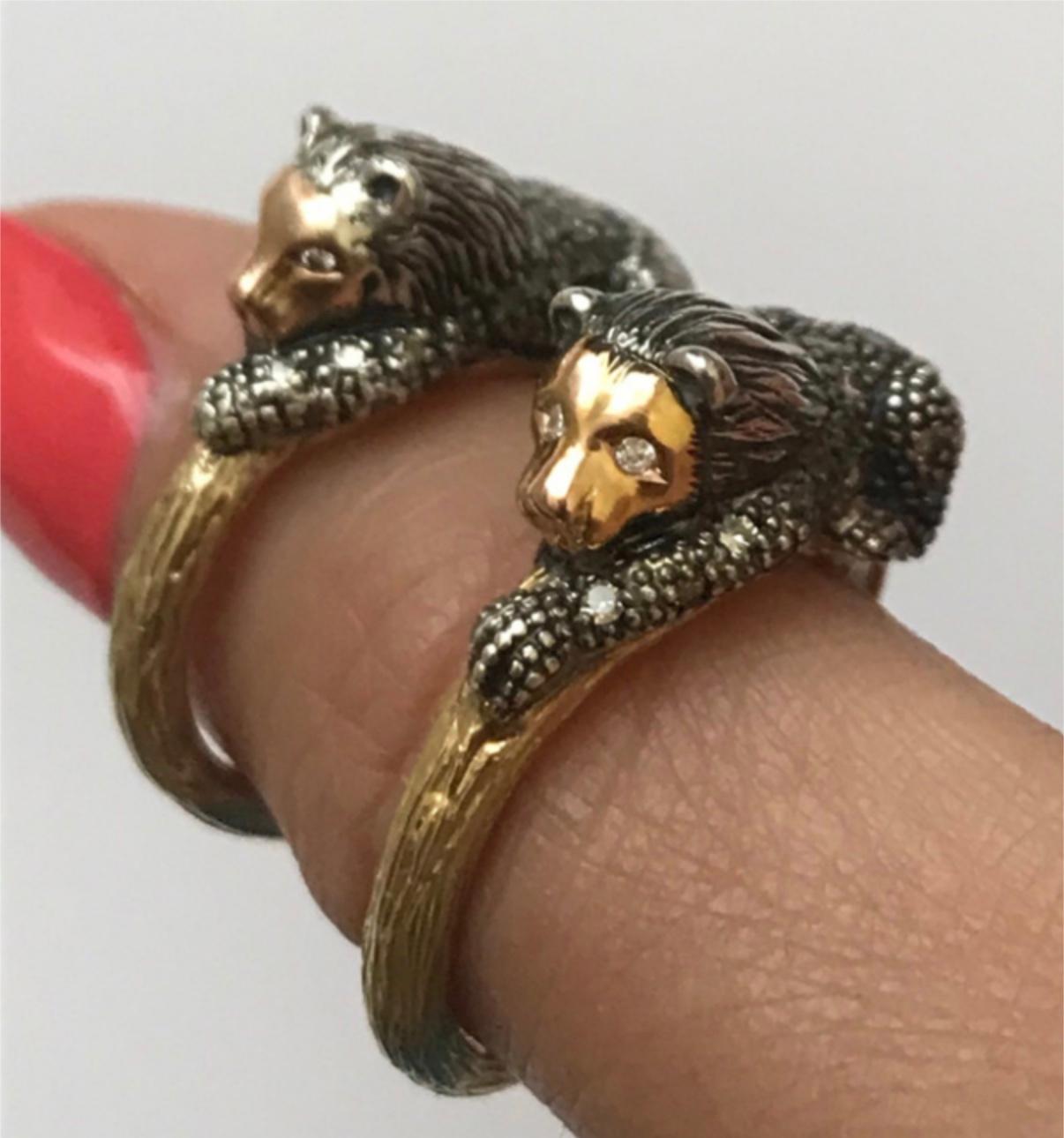 Set with a regal lion, who signifies protection, the Animal Lion Stackable Ring can be worn alone, or stacked with others in Bibi’s collection. The textured ring is fashioned in 18k yellow gold to resemble a branch, while the lion is in blackened