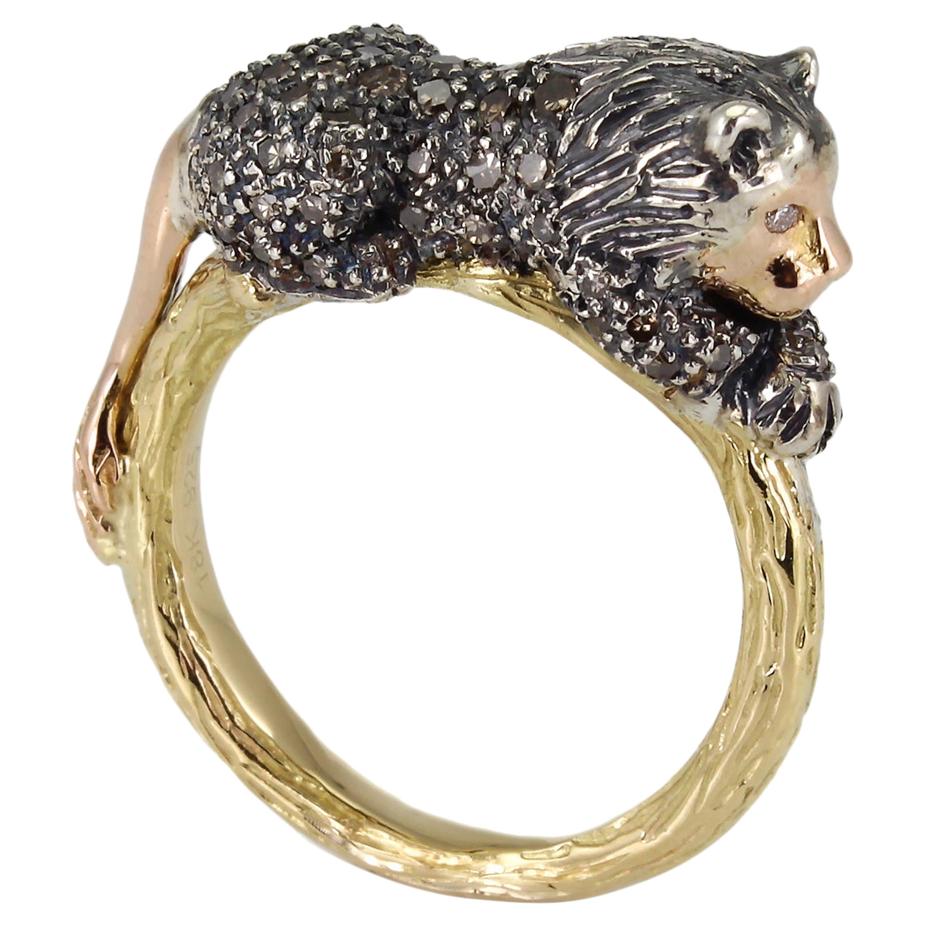 18K Yellow and Rose Gold Brown Diamond Lion Stackable Statement Ring