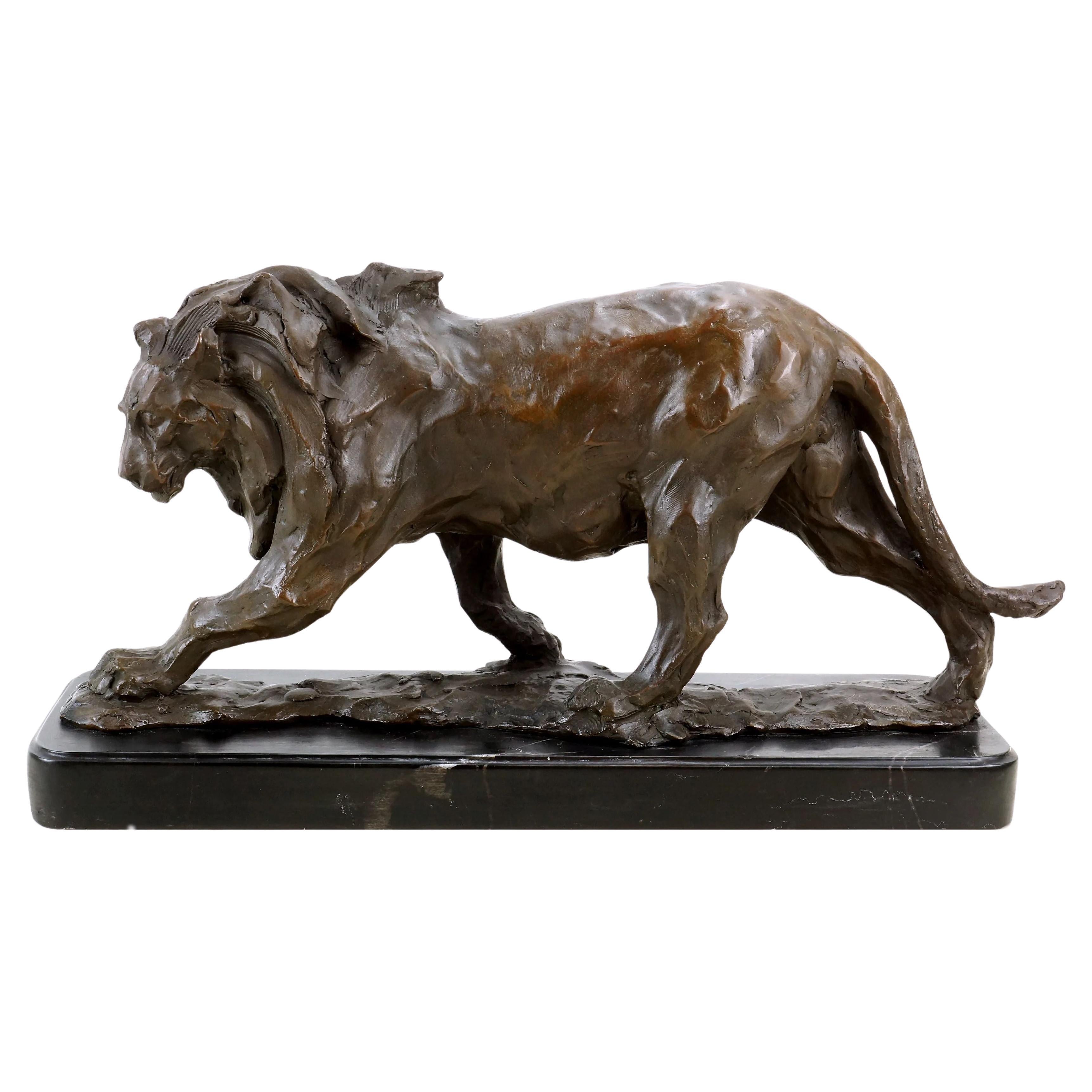 Lion Statue, Walking Lion, in the style of Rembrandt Bugatti Bronze Sculpture