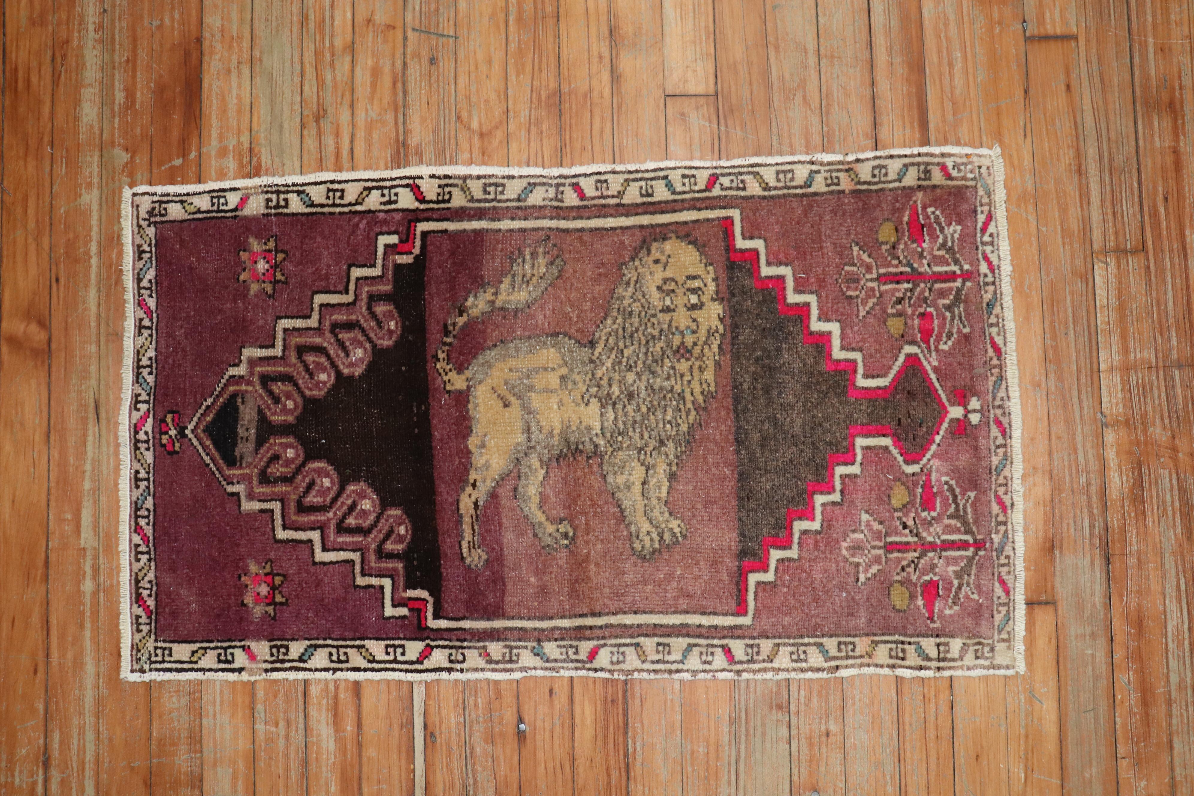 Folk Art Lion Turkish 20th Century Wool Rug For Sale