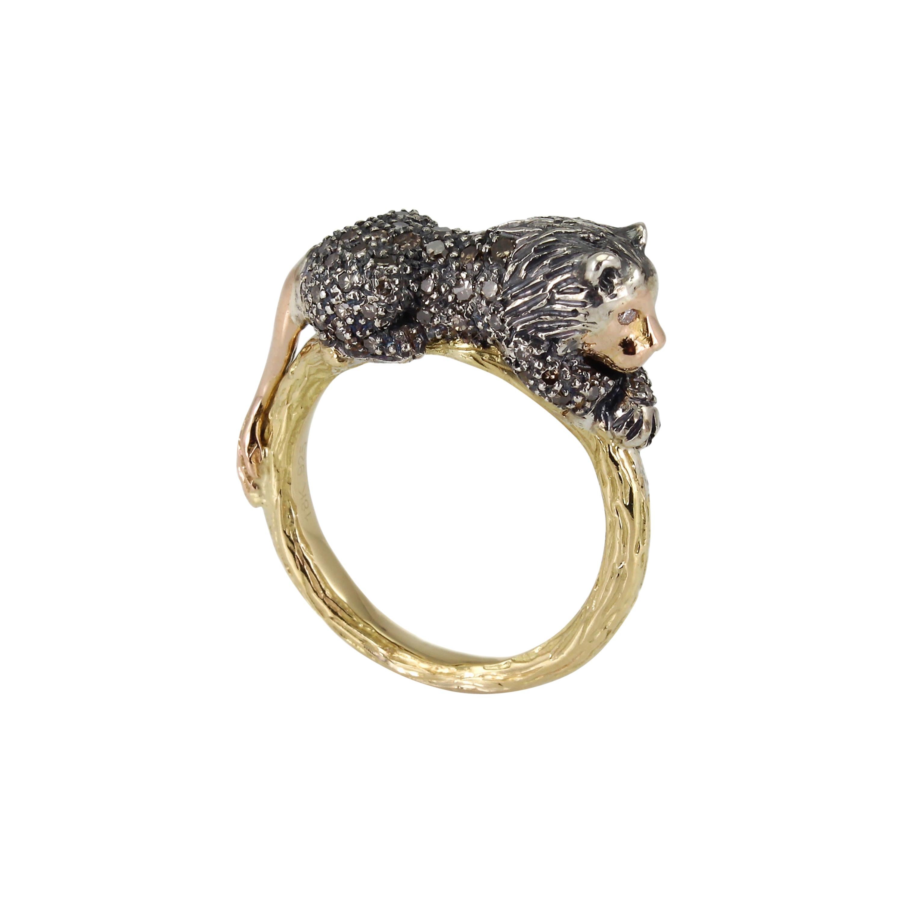 Lion with Diamonds Sterling Silver and 18 Karat Gold Animal Stackable Ring For Sale