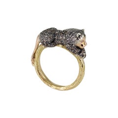 Lion with Diamonds Sterling Silver and 18 Karat Gold Animal Stackable Ring