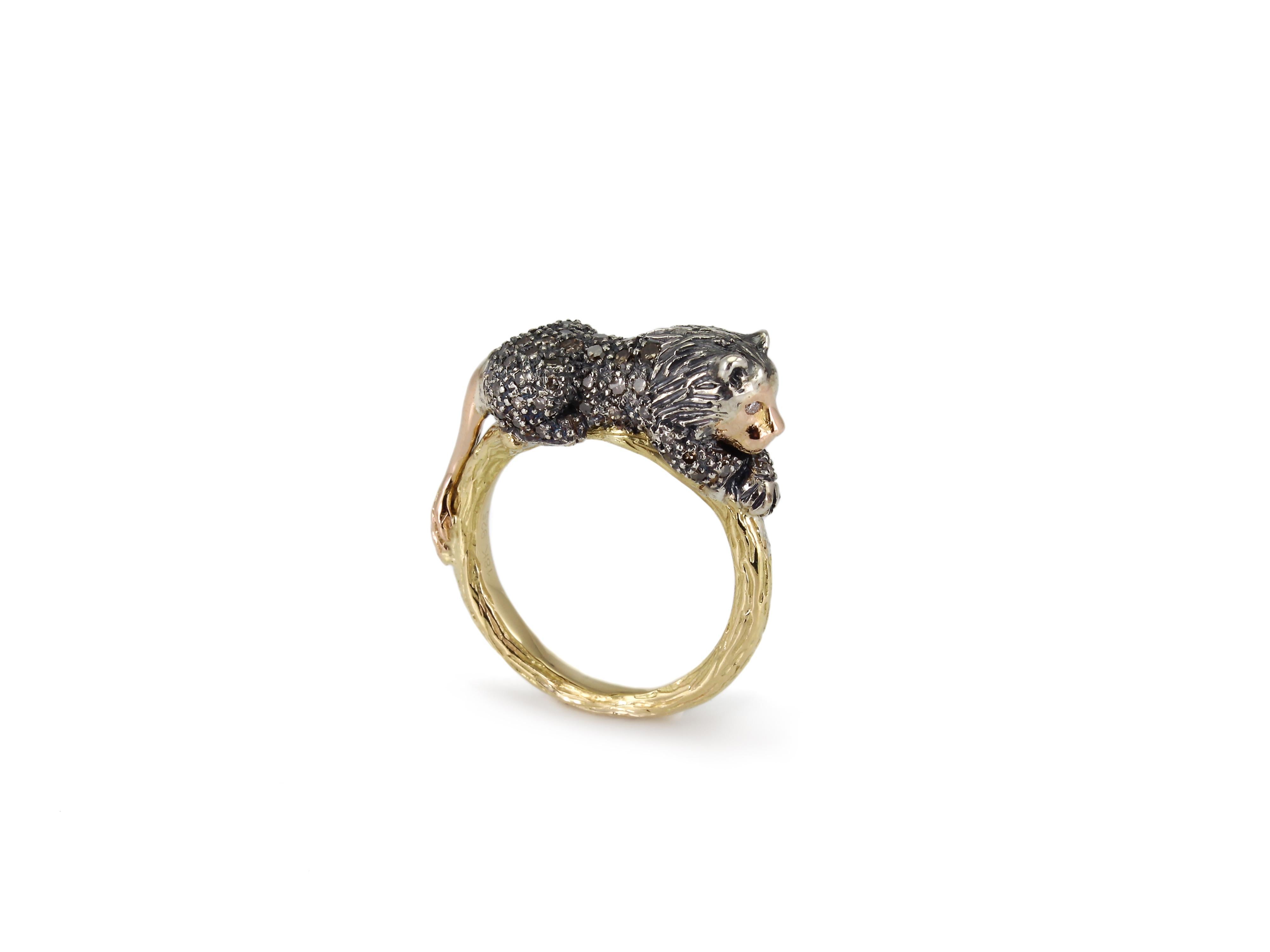 Women's or Men's Lion with Diamonds Sterling Silver and 18 Karat Gold Animal Stackable Ring For Sale