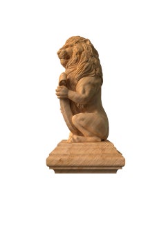 Lion with Shield Newel Post Finial, Architectural Hand Carved Oak Statue Lion