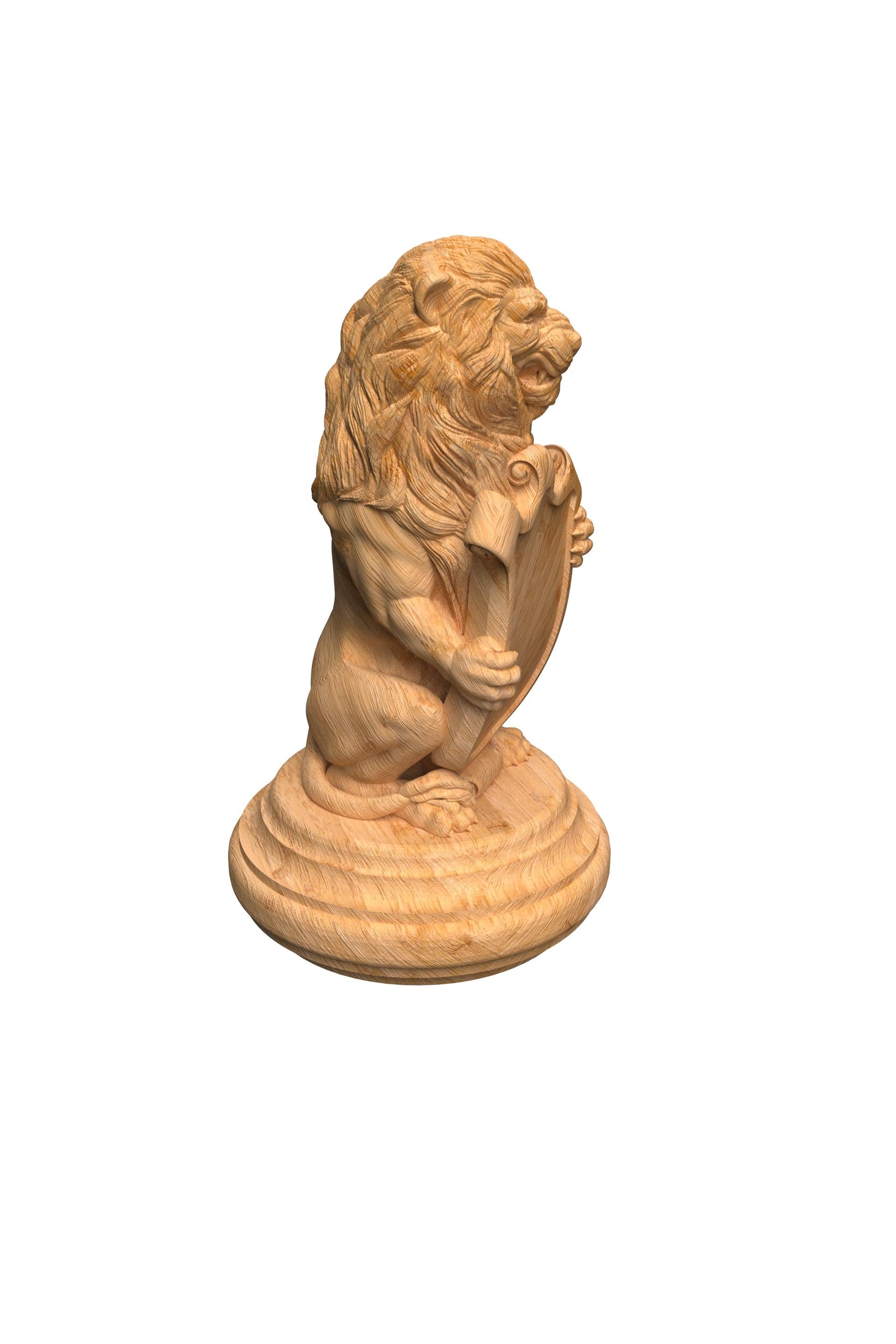 Gothic Lion with Shield Newel Post Finial, Architectural Hand Carved Oak Statue Lion For Sale