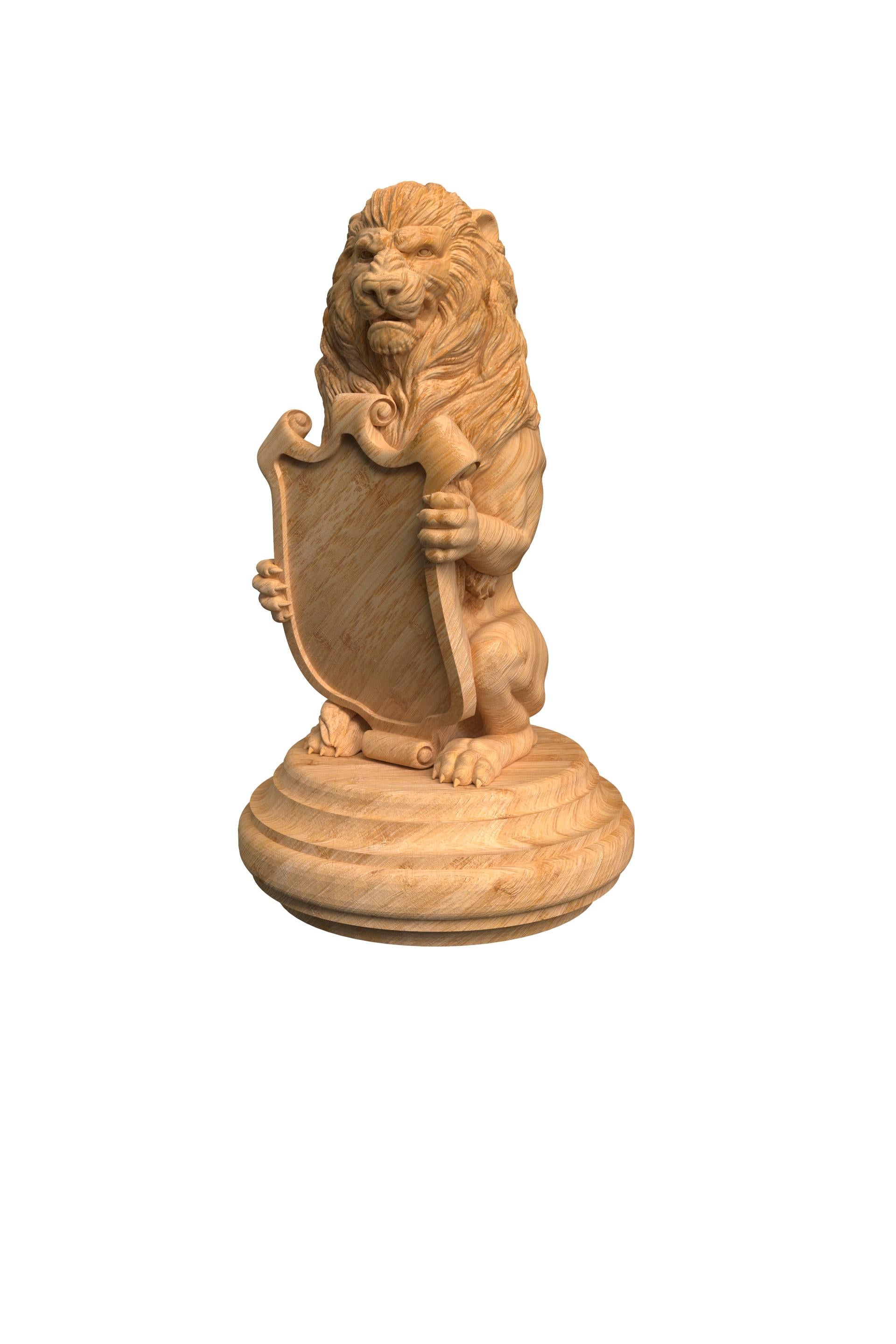 Lion with Shield Newel Post Finial, Architectural Hand Carved Oak Statue Lion In New Condition For Sale In St Petersburg, St Petersburg